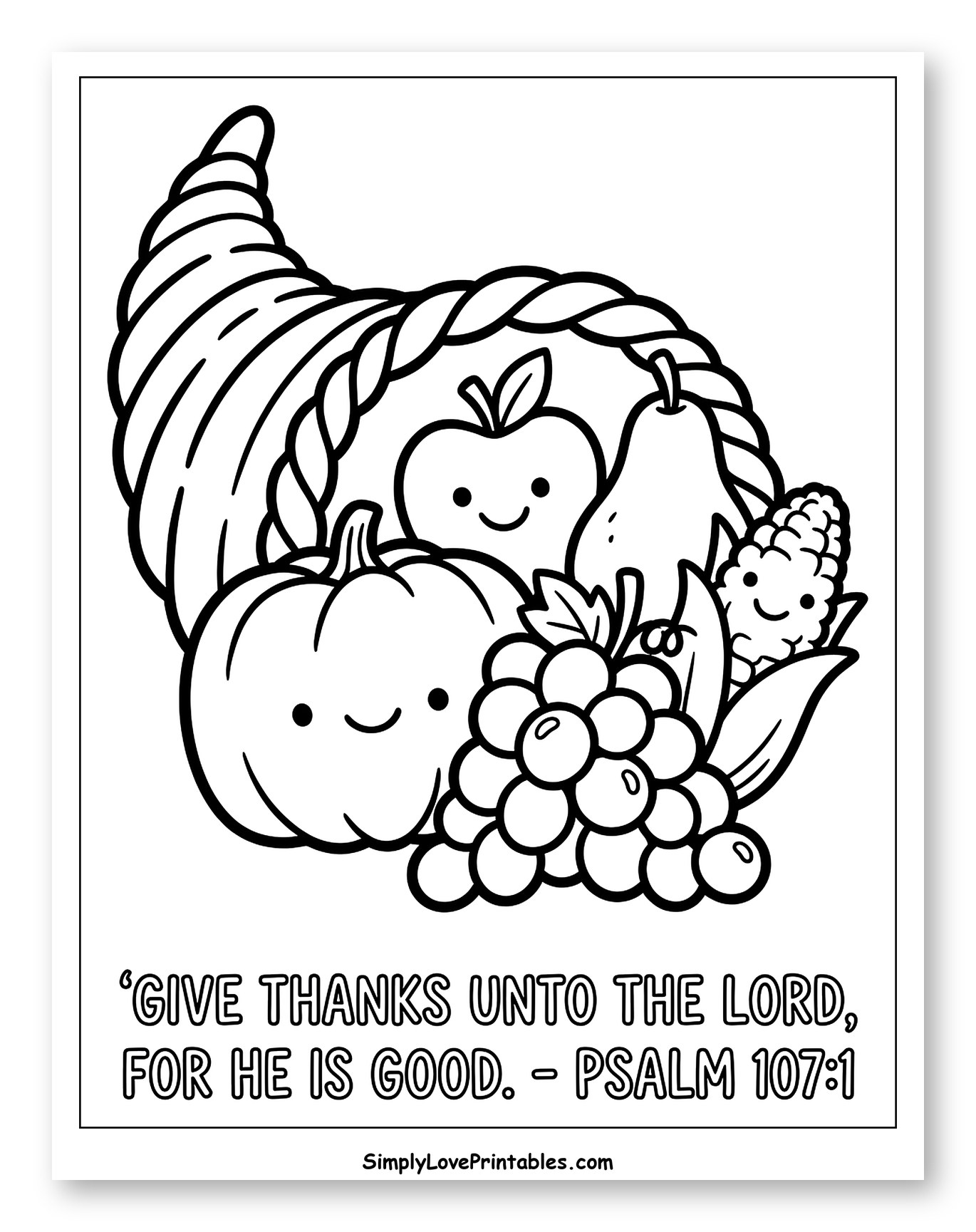 Cute Cornucopia with Smiling Harvest Produce to Color for Toddlers