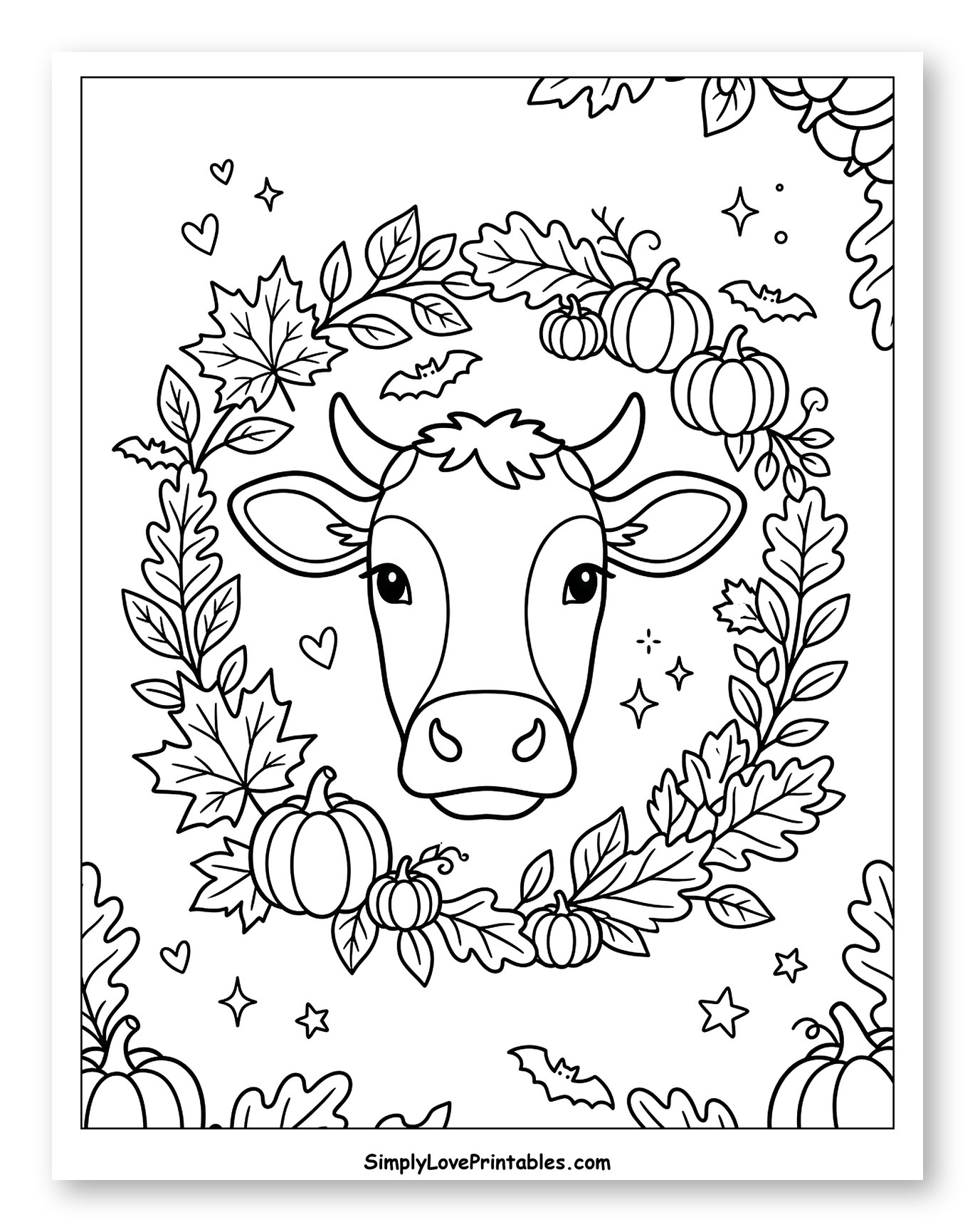 Cute Cow Head in Autumn Wreath with Bats Coloring Sheet for Adults