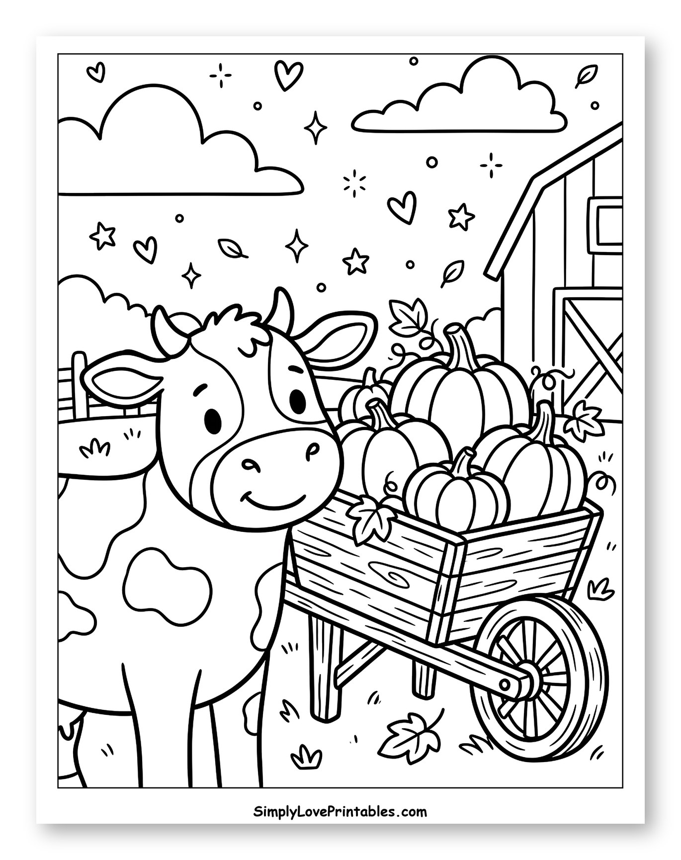 Cute Cow with Wheelbarrow Full of Pumpkins Coloring Page for Adults