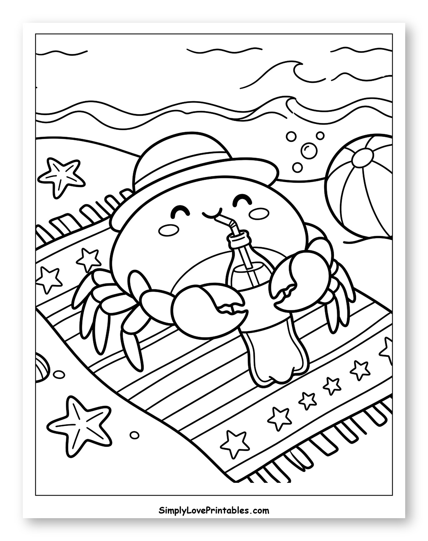 Cute Crab Relaxing on Beach Towel with Drink