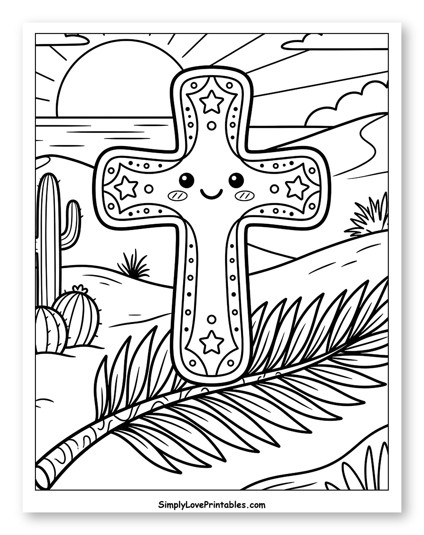 Cute Cross and Palm Branch in Desert Sunset