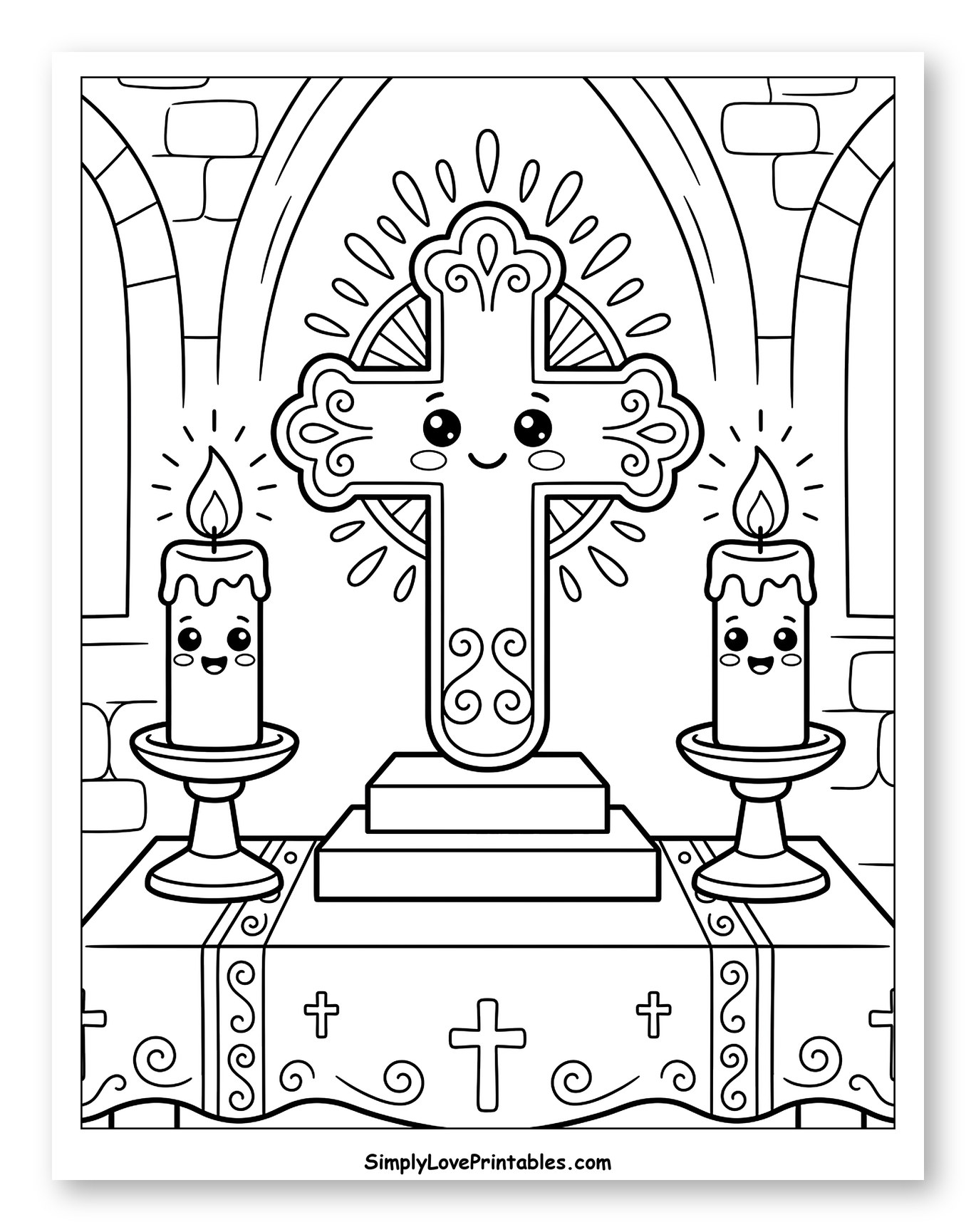 Cute Cross and Smiling Candles on Altar Coloring Sheet for Kids