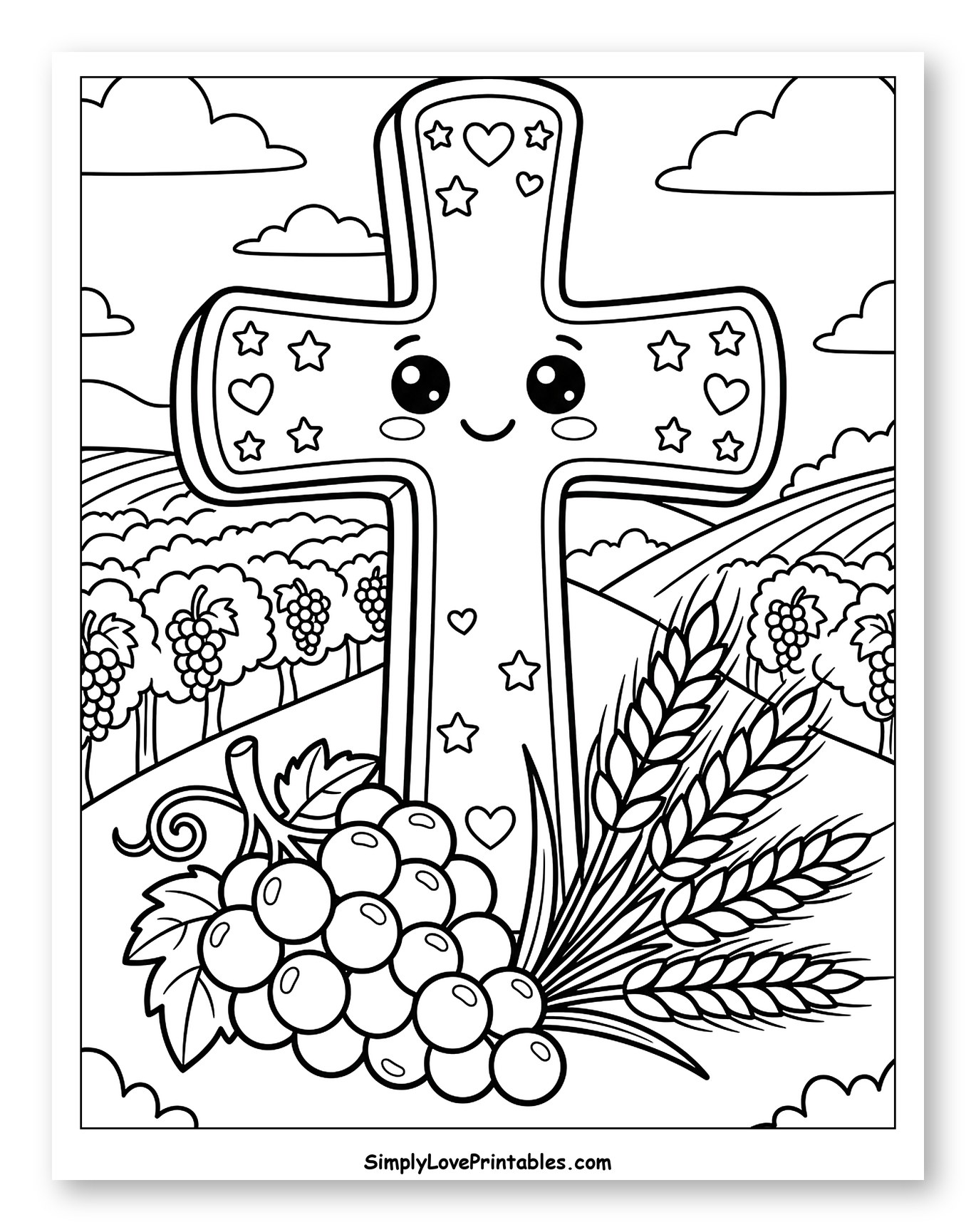 Cute Cross with Grapes, Wheat, and Hills