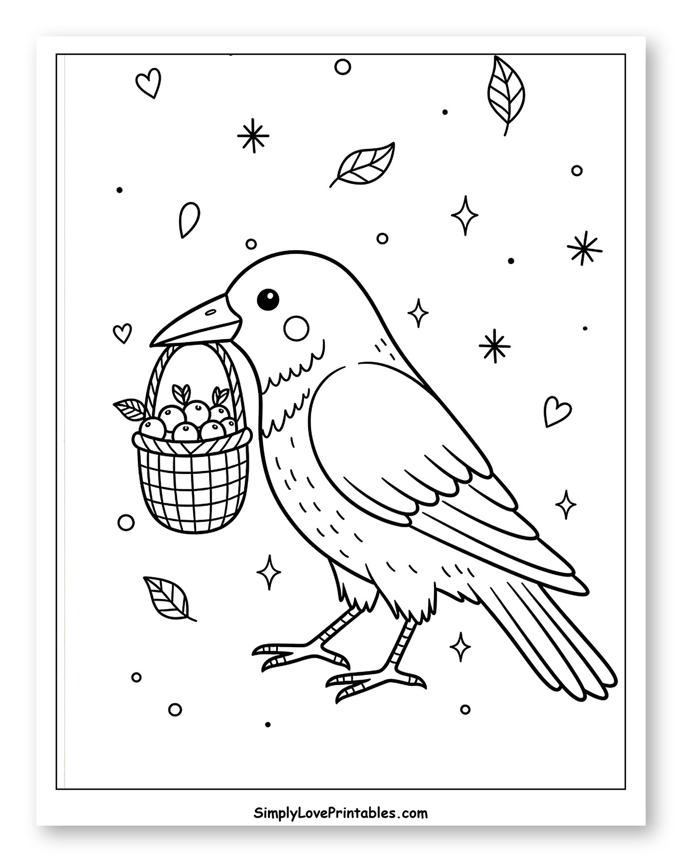 Cute Crow Carrying a Basket of Berries Coloring Page for Adults