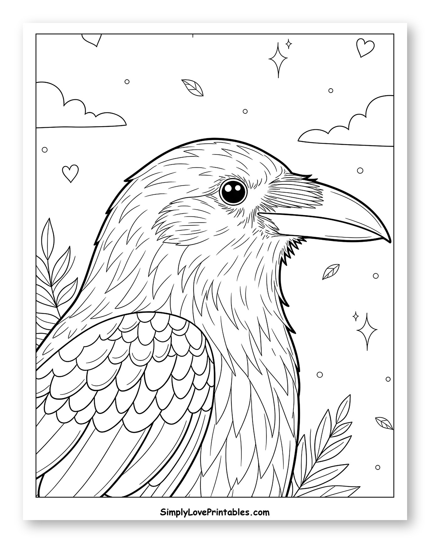 Cute Crow Looking to the Right Coloring Page for Adults