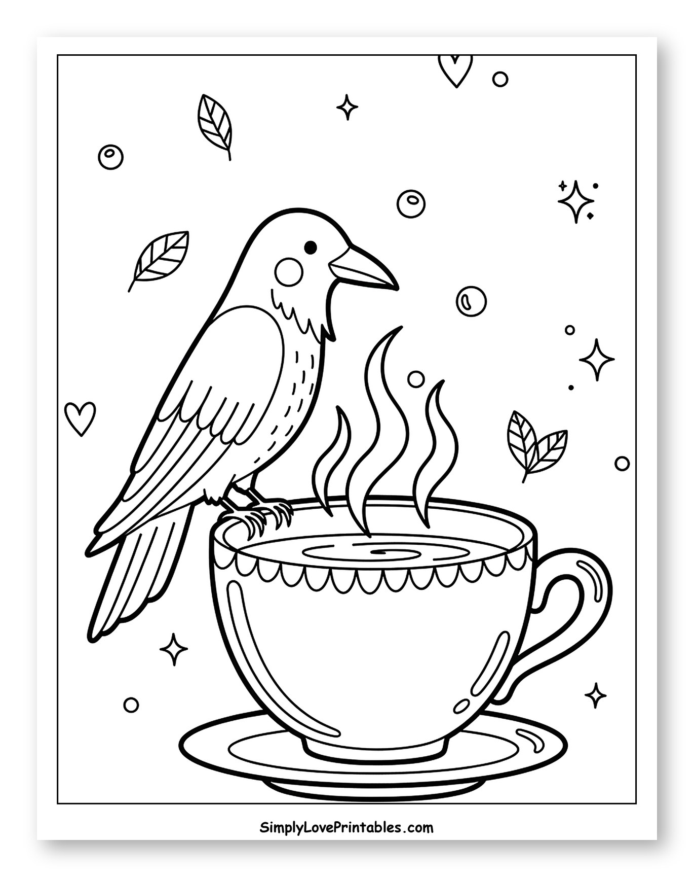 Cute Crow Perched on a Steaming Tea Cup to Color for Adults