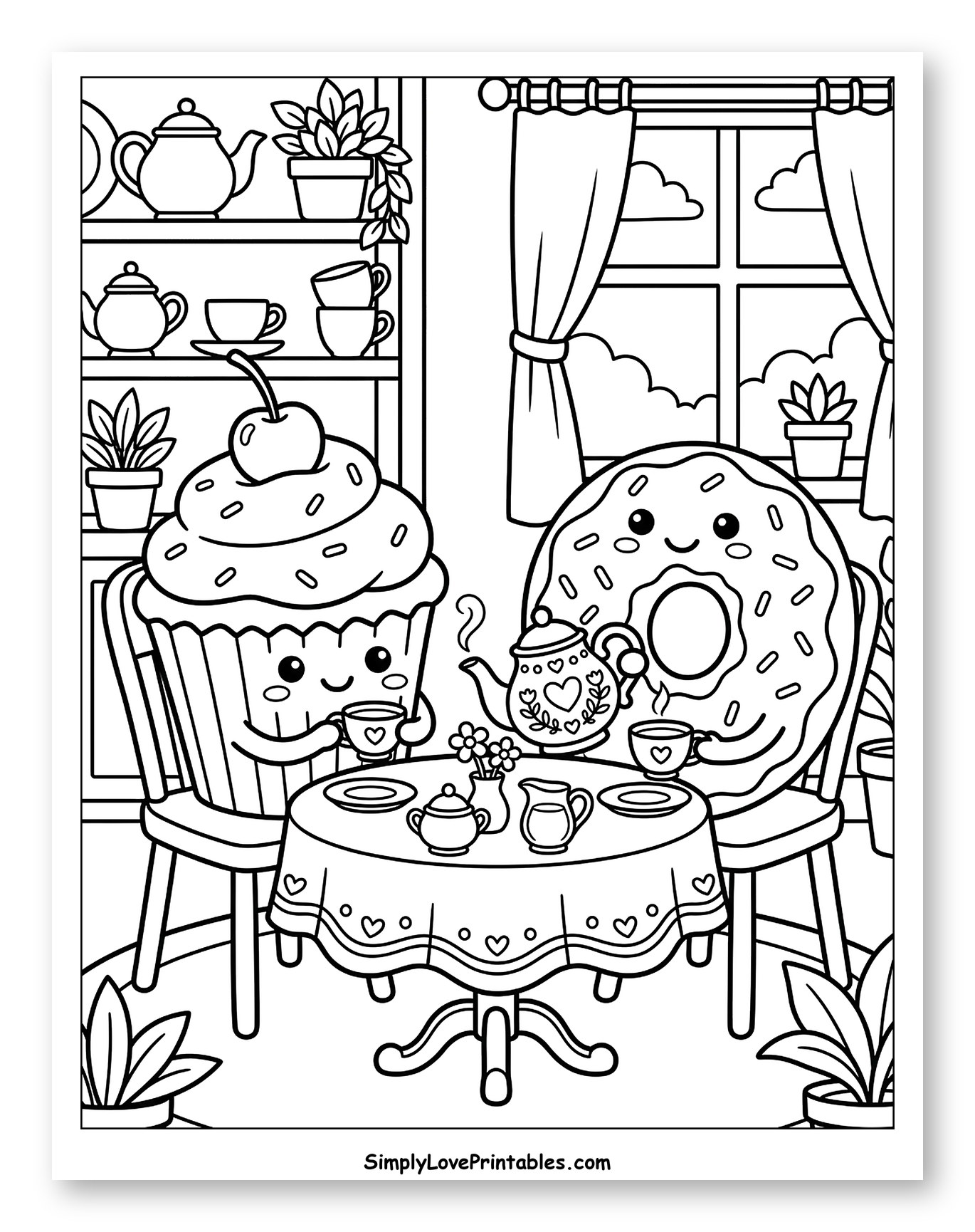 Cute Cupcake and Donut Tea Party to Color for Kids