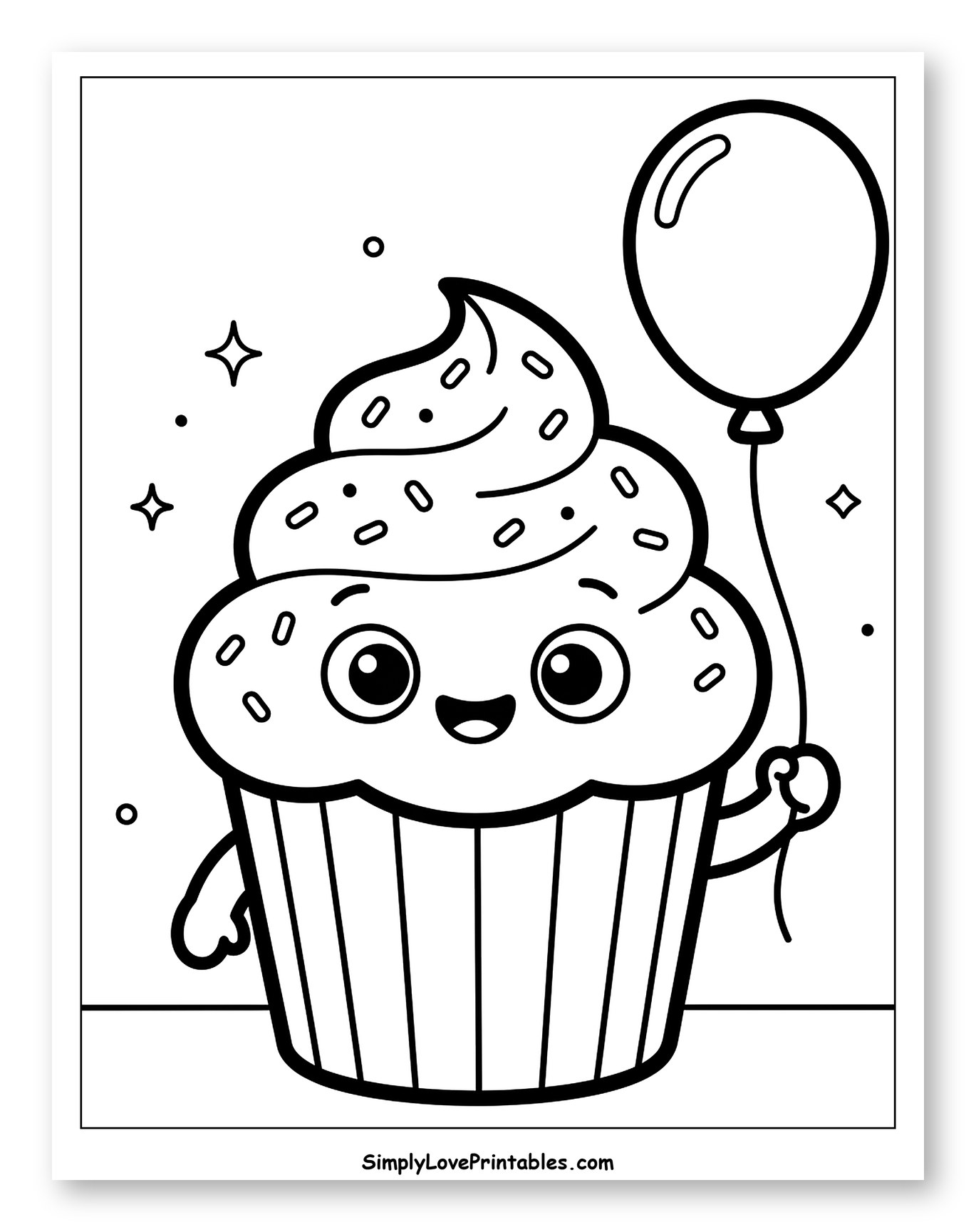 Cute Cupcake Holding a Birthday Balloon to Color for Toddlers