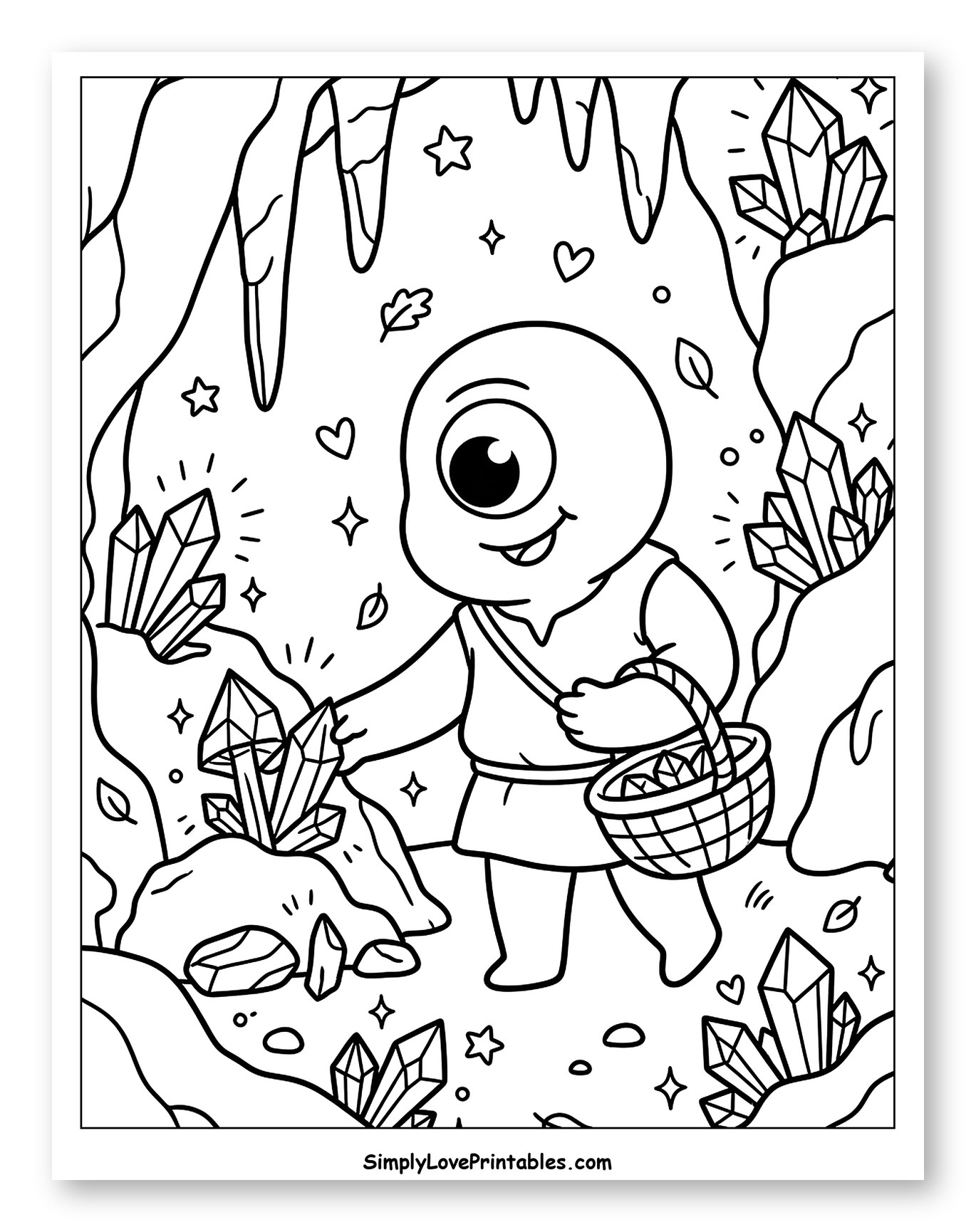 Cute Cyclops Collecting Shiny Crystals in a Cave
