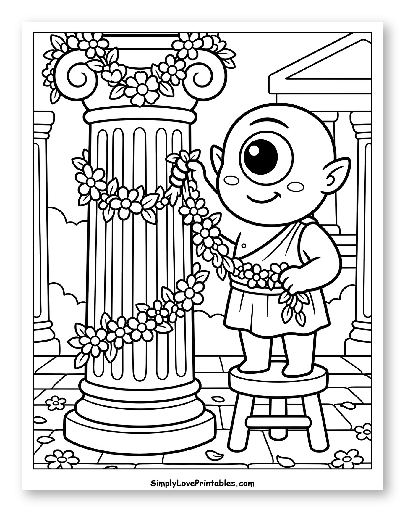 Cute Cyclops Decorating a Greek Column to Color for Kids