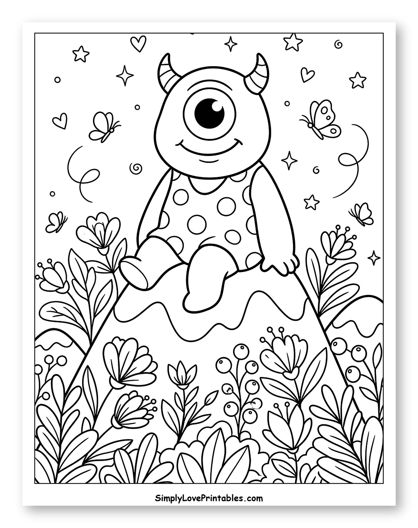 Cute Cyclops Monster on a Hill with Flowers Coloring Page for Adults