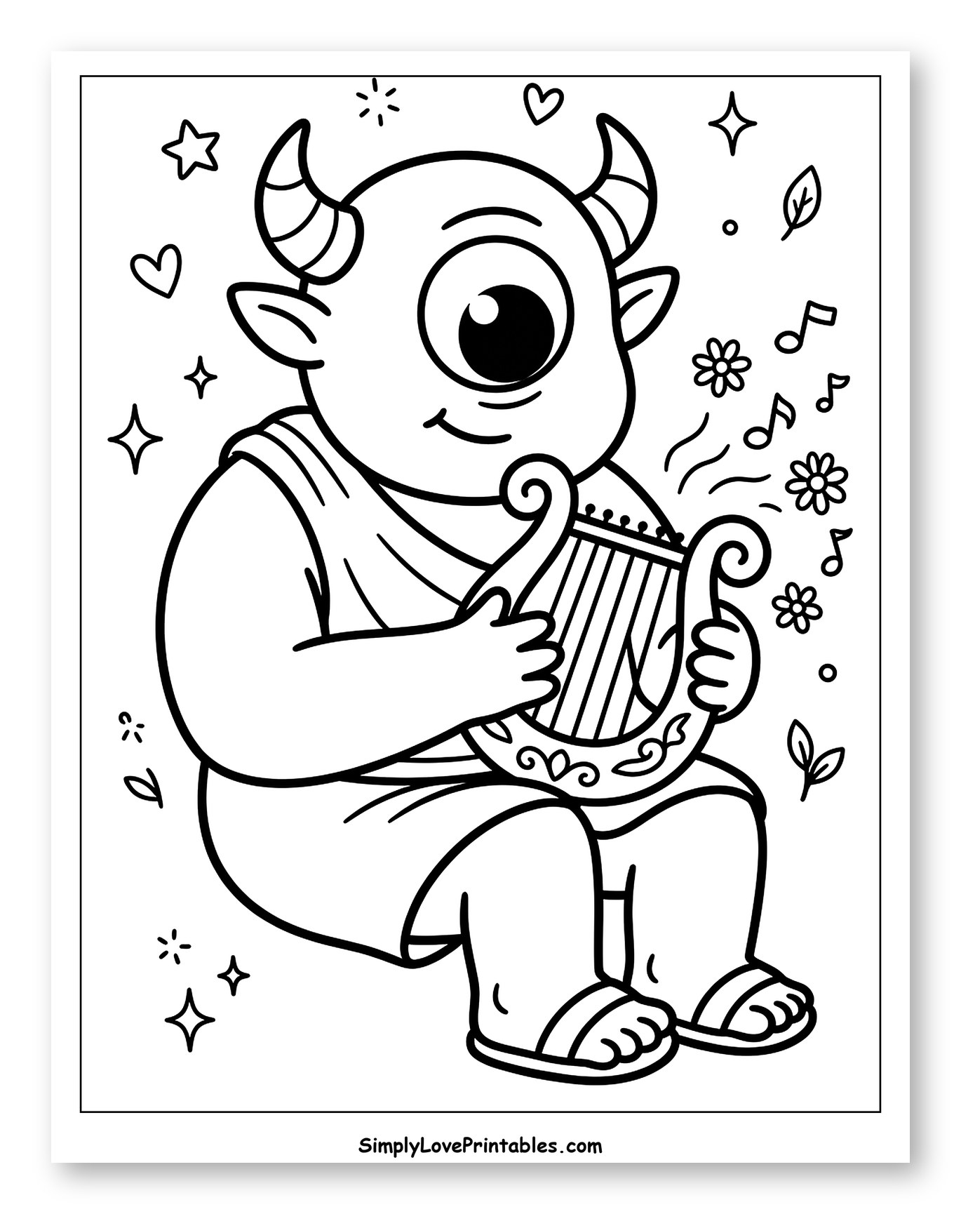 Cute Cyclops Playing a Lyre with Music Notes