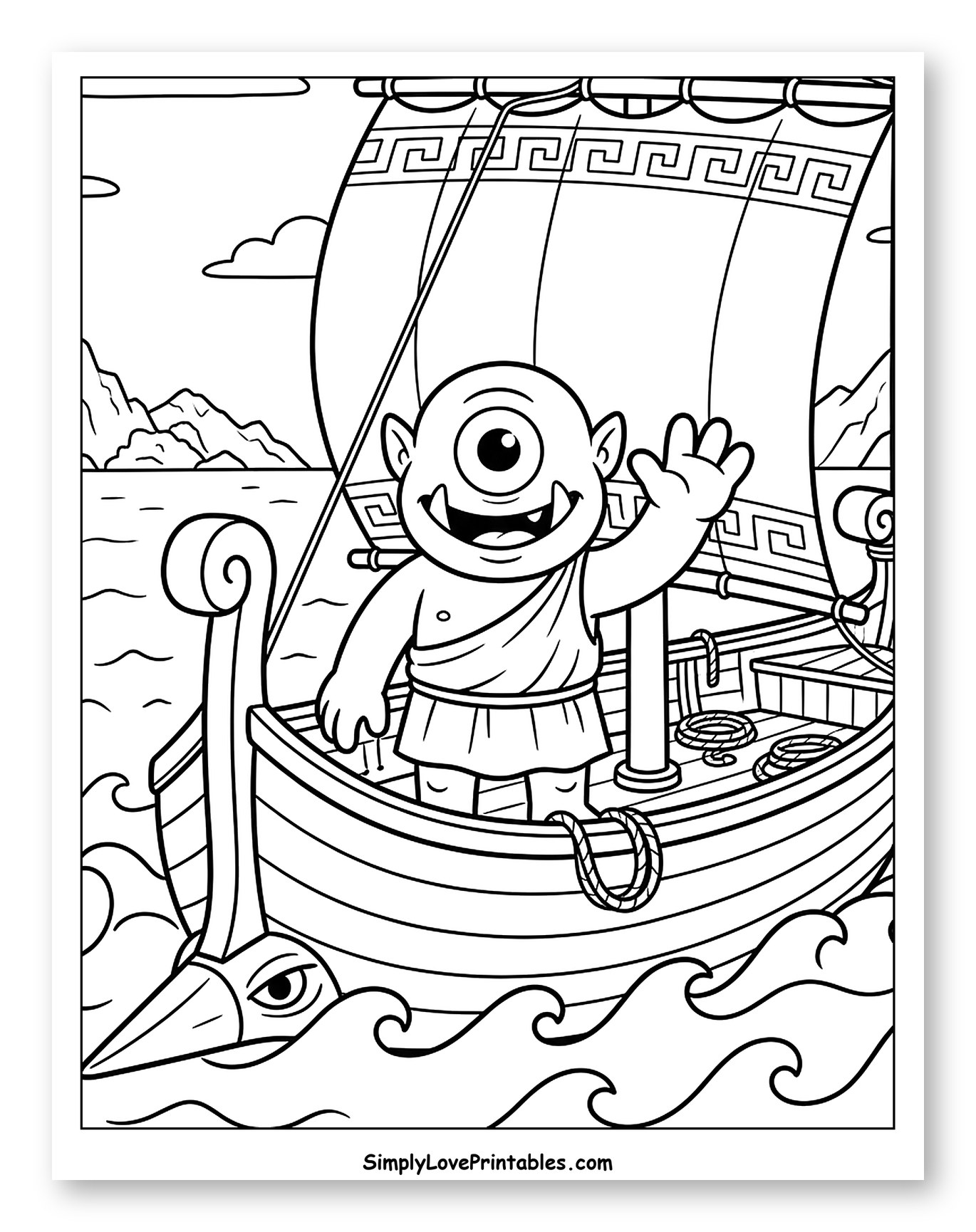 Cute Cyclops Sailor Waving on a Ship Coloring Sheet for Kids