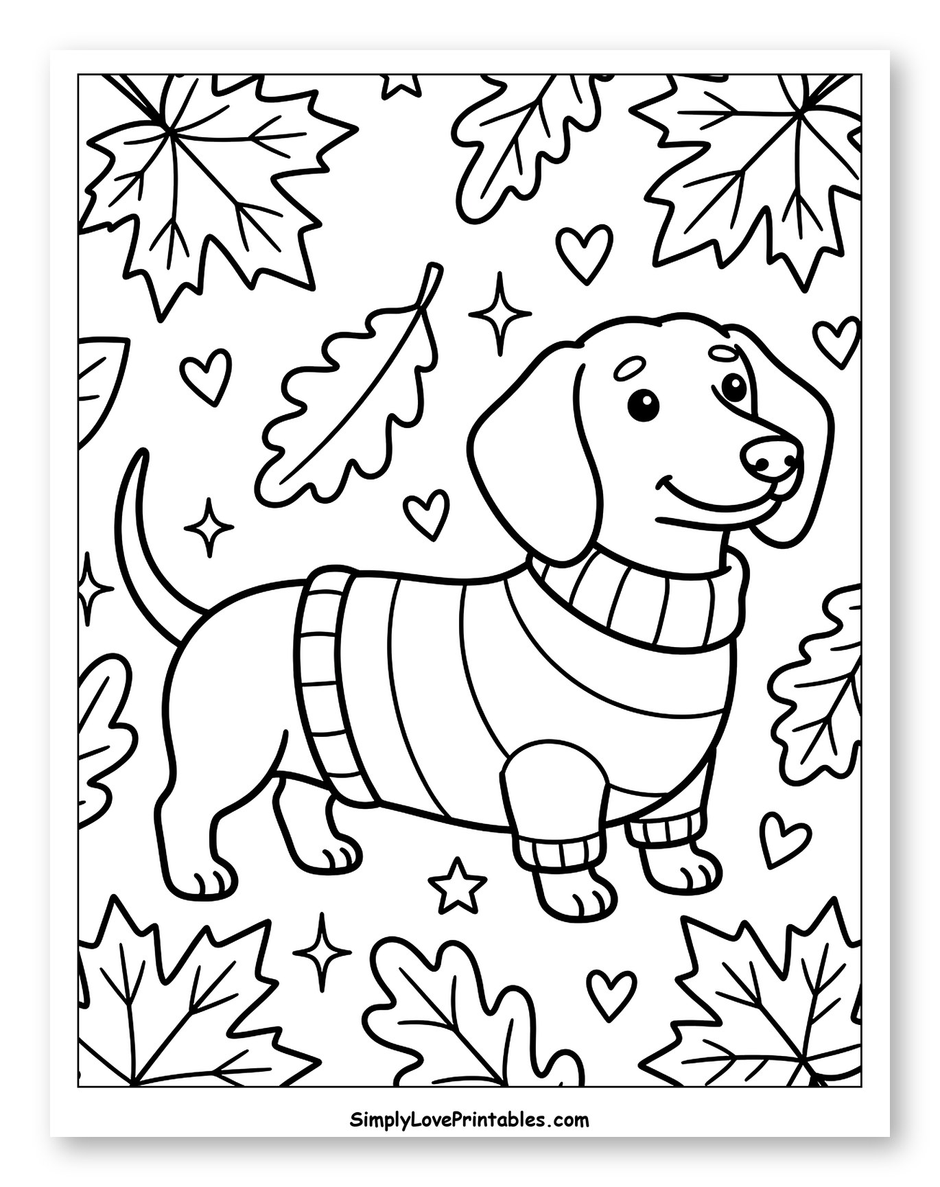 Cute Dachshund in Sweater with Autumn Leaves