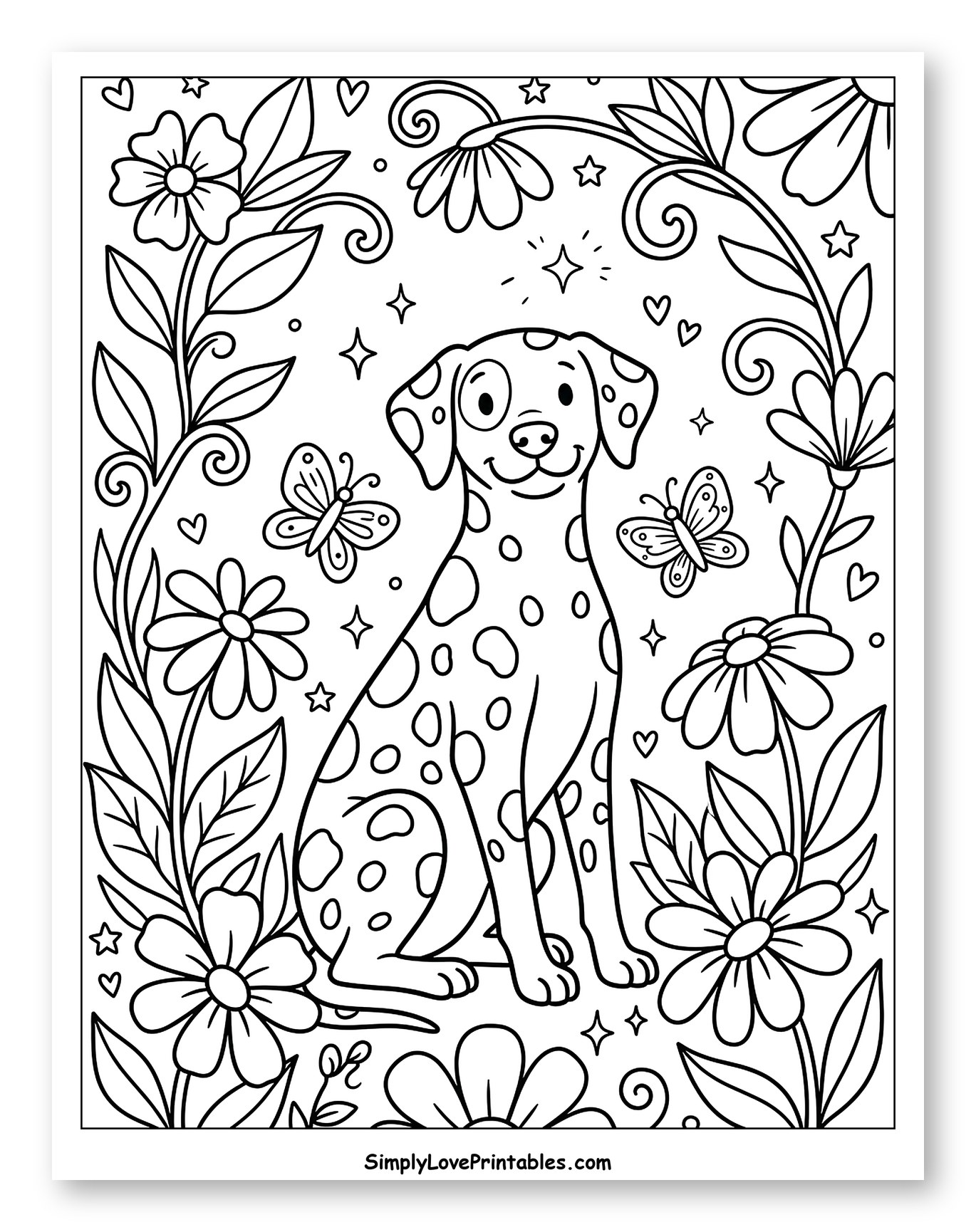 Cute Dalmatian Dog in a Flowery Meadow Coloring Sheet for Adults