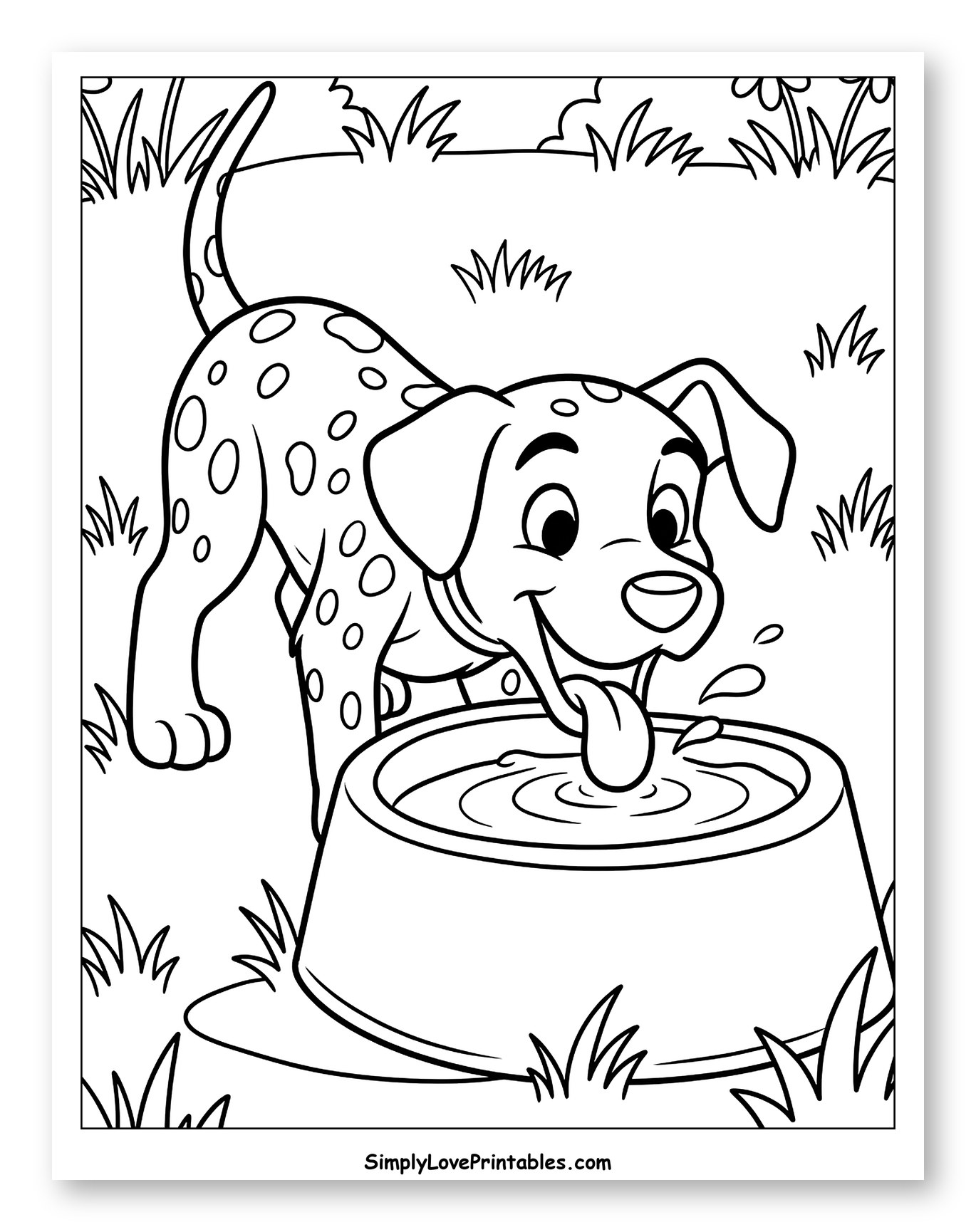 Cute Dalmatian Puppy Drinking Water Coloring Page for Kids