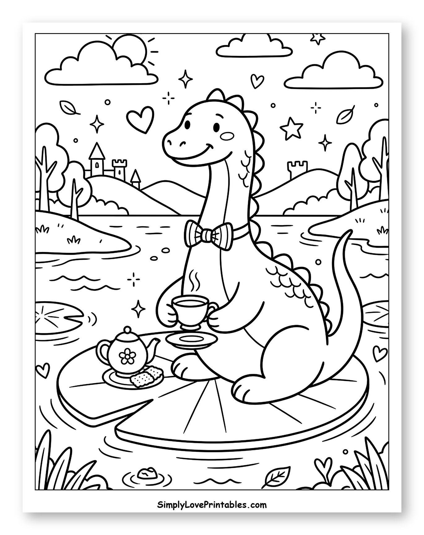 Cute Dinosaur Having Tea on a Lily Pad