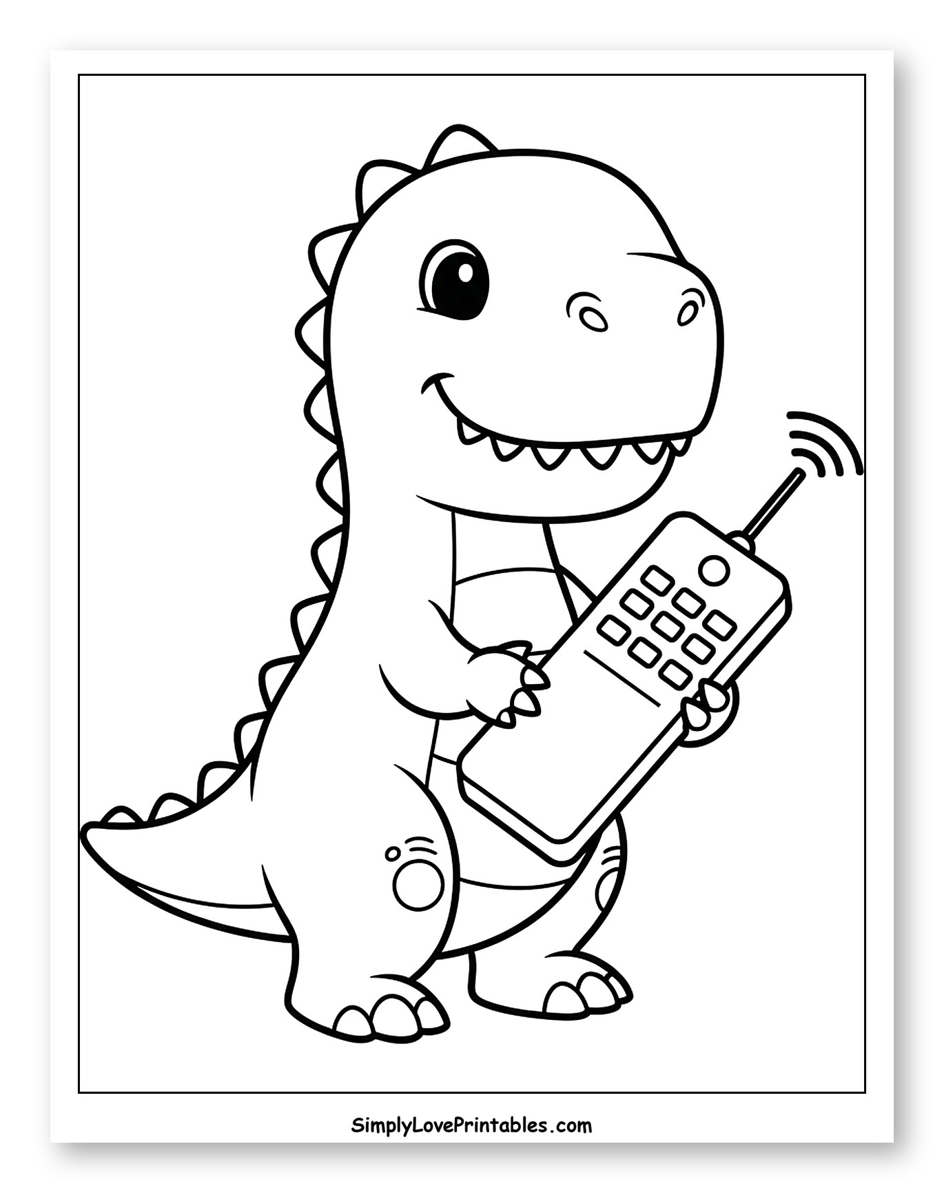 Cute Dinosaur Holding a Remote Control Coloring Sheet for Toddlers