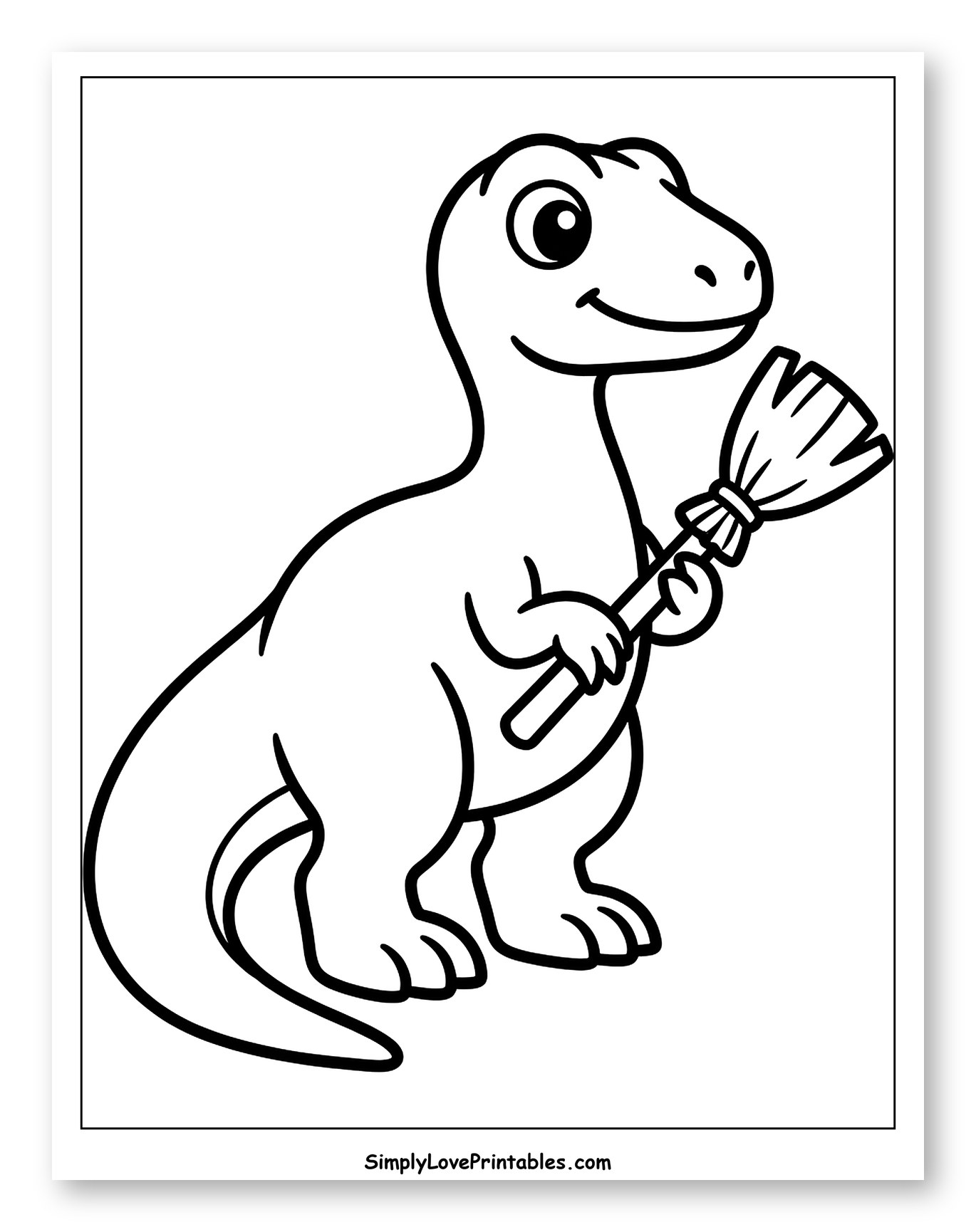 Cute Dinosaur Holding a Small Broom to Color for Toddlers