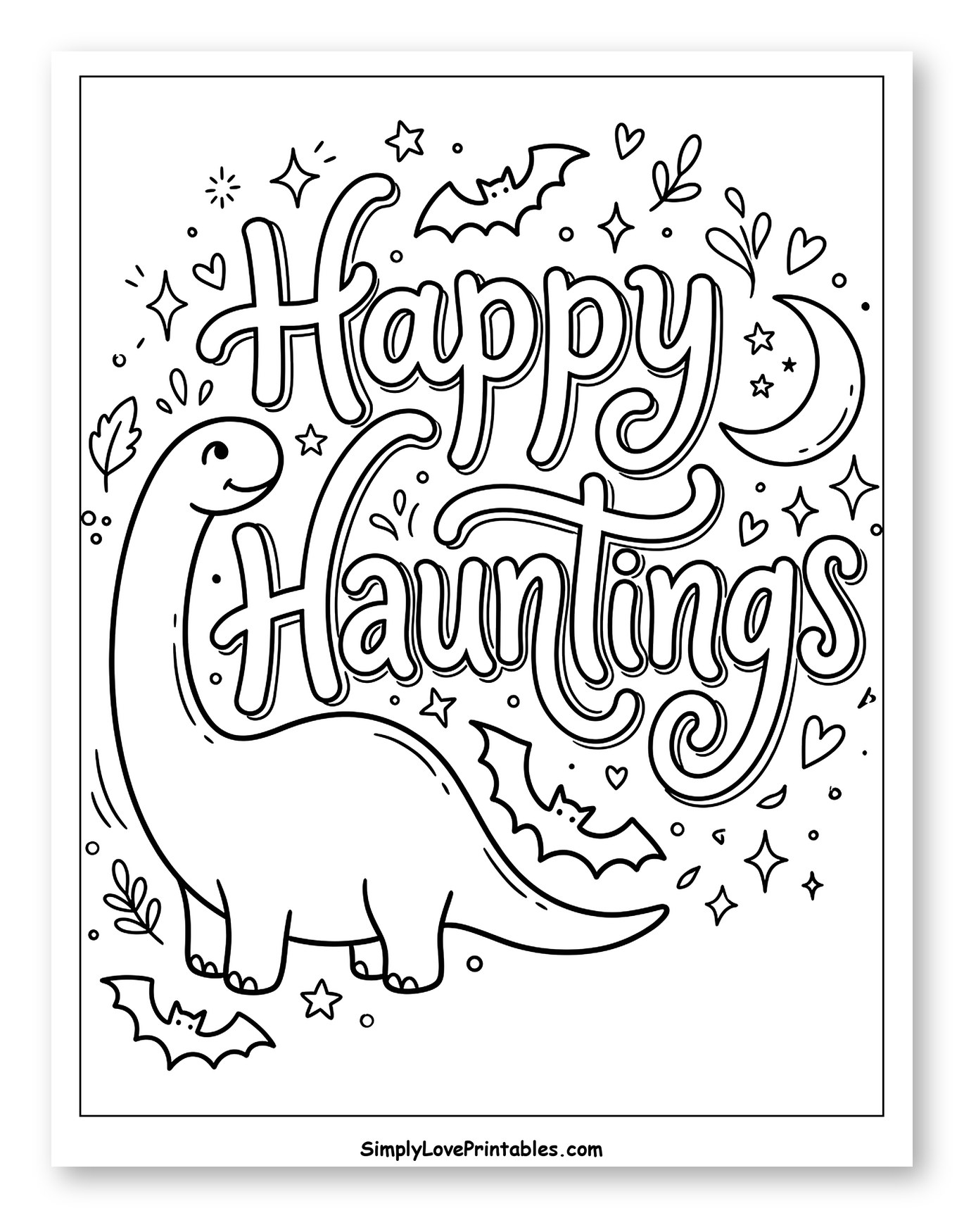 Cute Dinosaur with Happy Hauntings and Halloween Elements Coloring Sheet for Adults