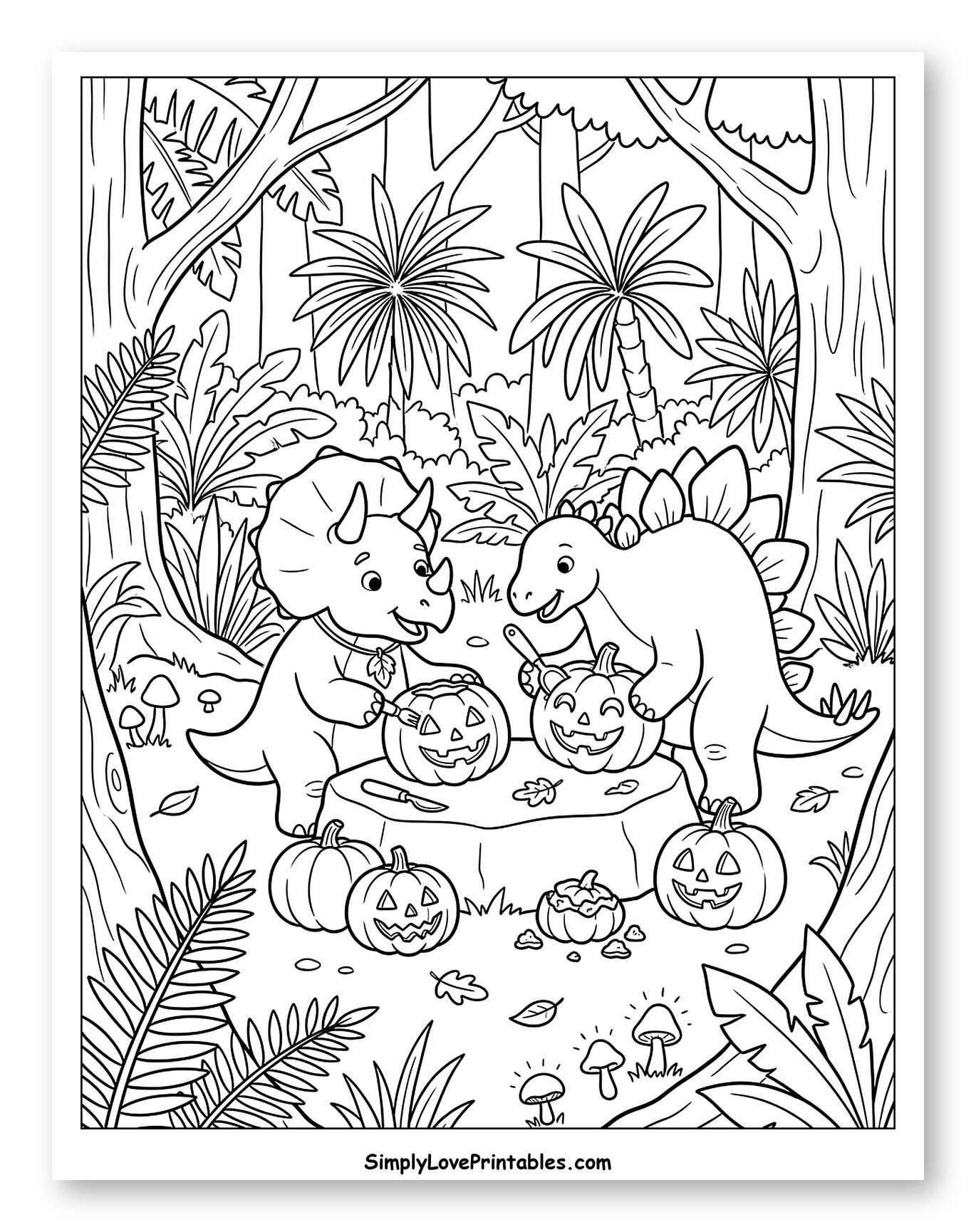 Cute Dinosaurs Carving Halloween Pumpkins Coloring Page for Kids