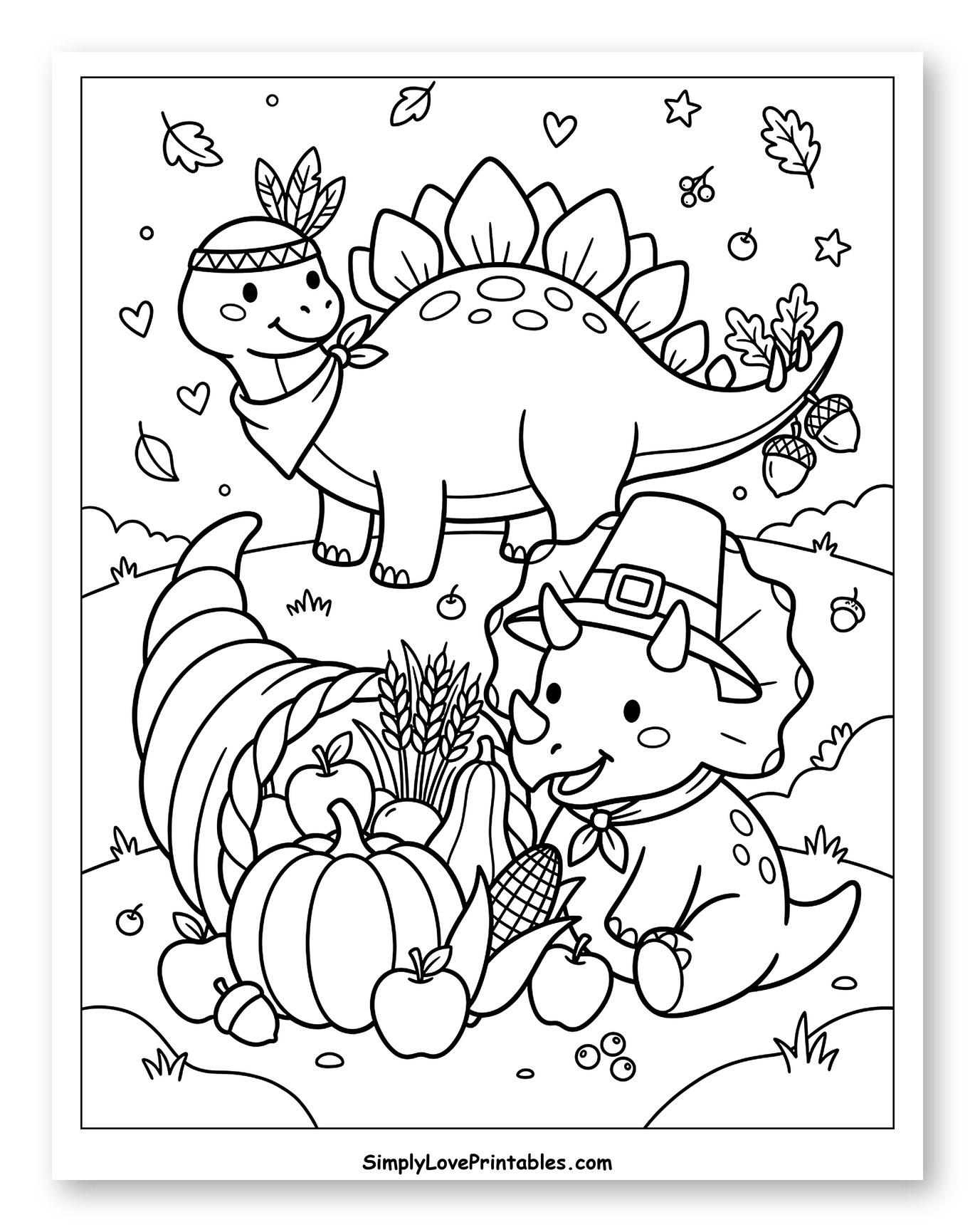 Cute Dinosaurs Celebrating Thanksgiving with a Cornucopia