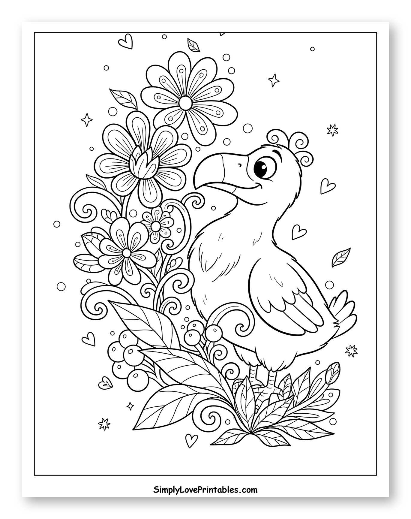 Cute Dodo Bird Amidst Garden Flowers to Color for Adults