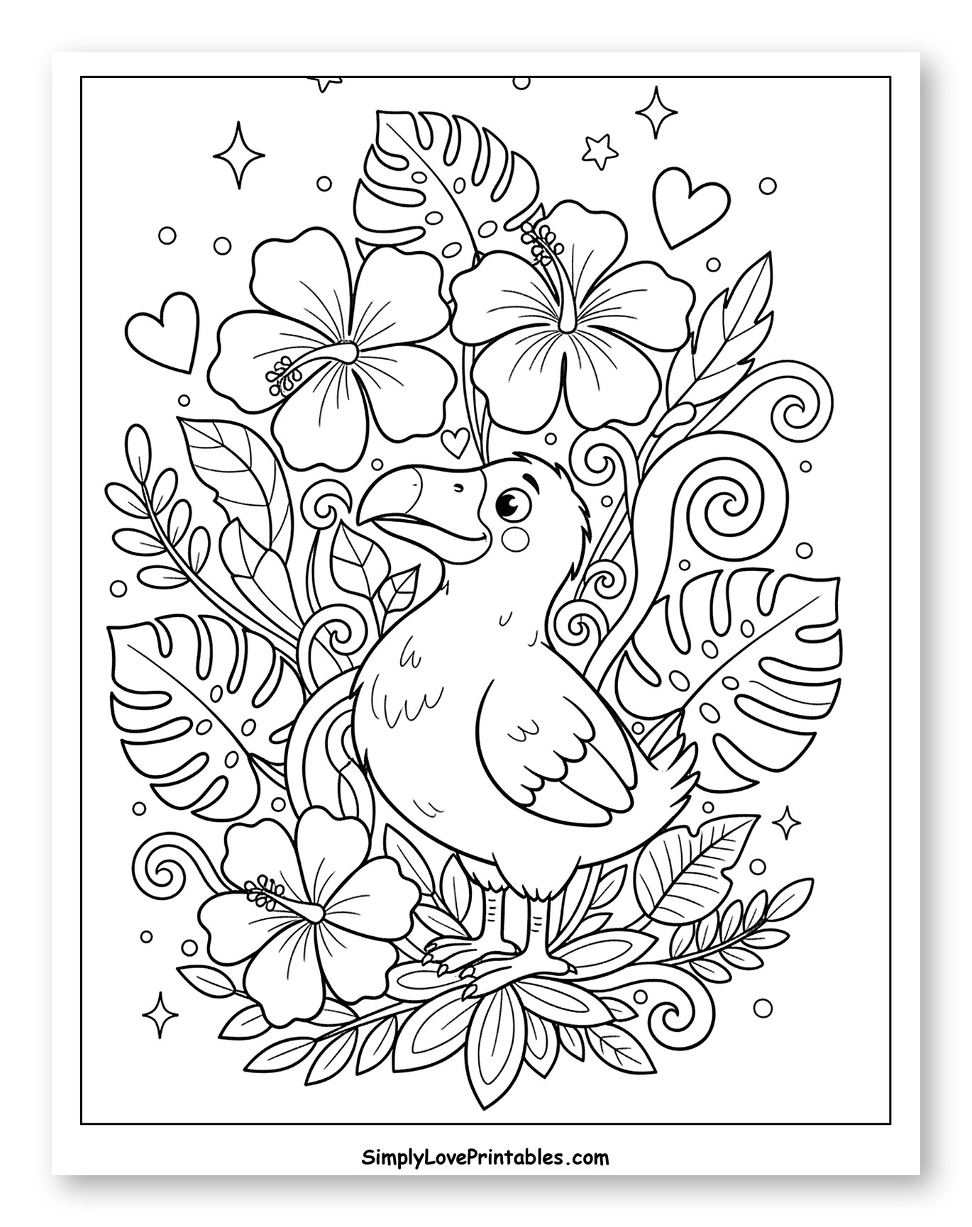 Cute Dodo Bird Among Tropical Flowers to Color for Adults