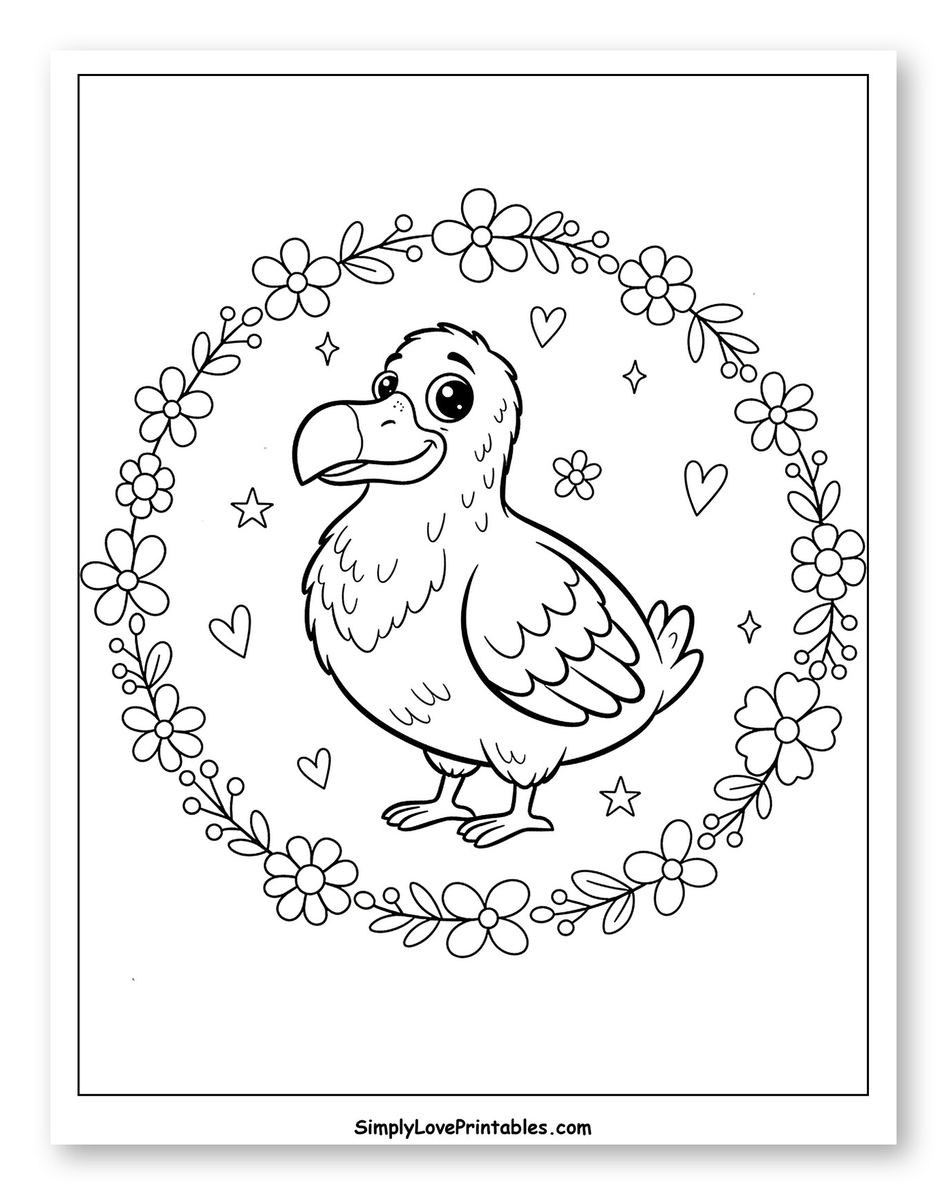 Cute Dodo Bird in Floral Wreath Coloring Page for Adults
