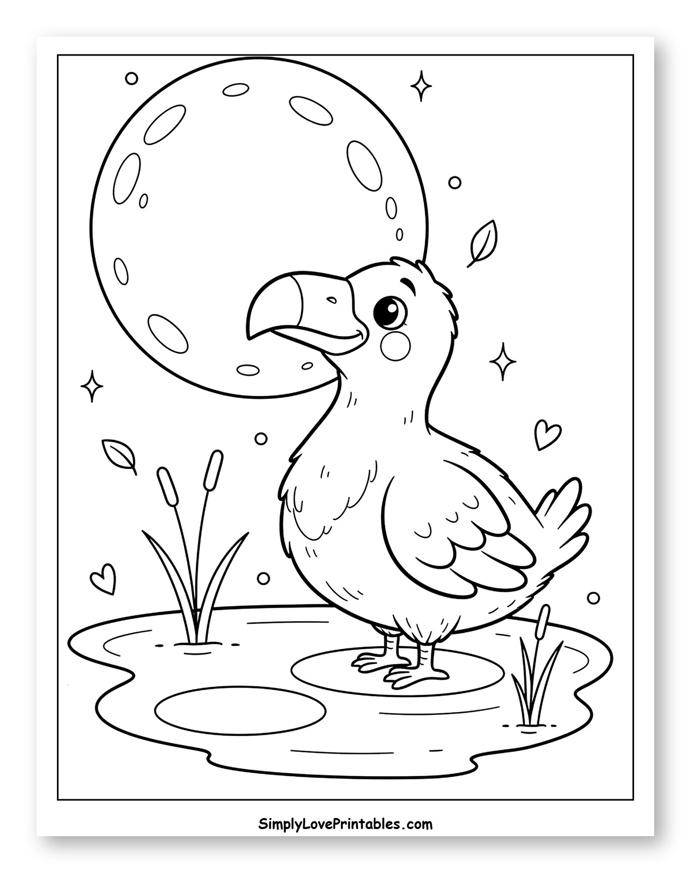 Cute Dodo Bird Under the Full Moon Coloring Sheet for Adults