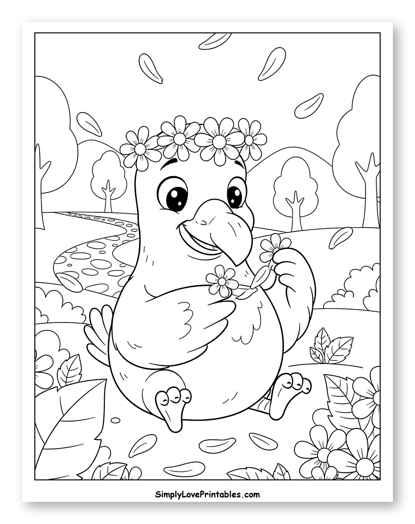Cute Dodo Bird with Flower Crown Coloring Sheet for Kids