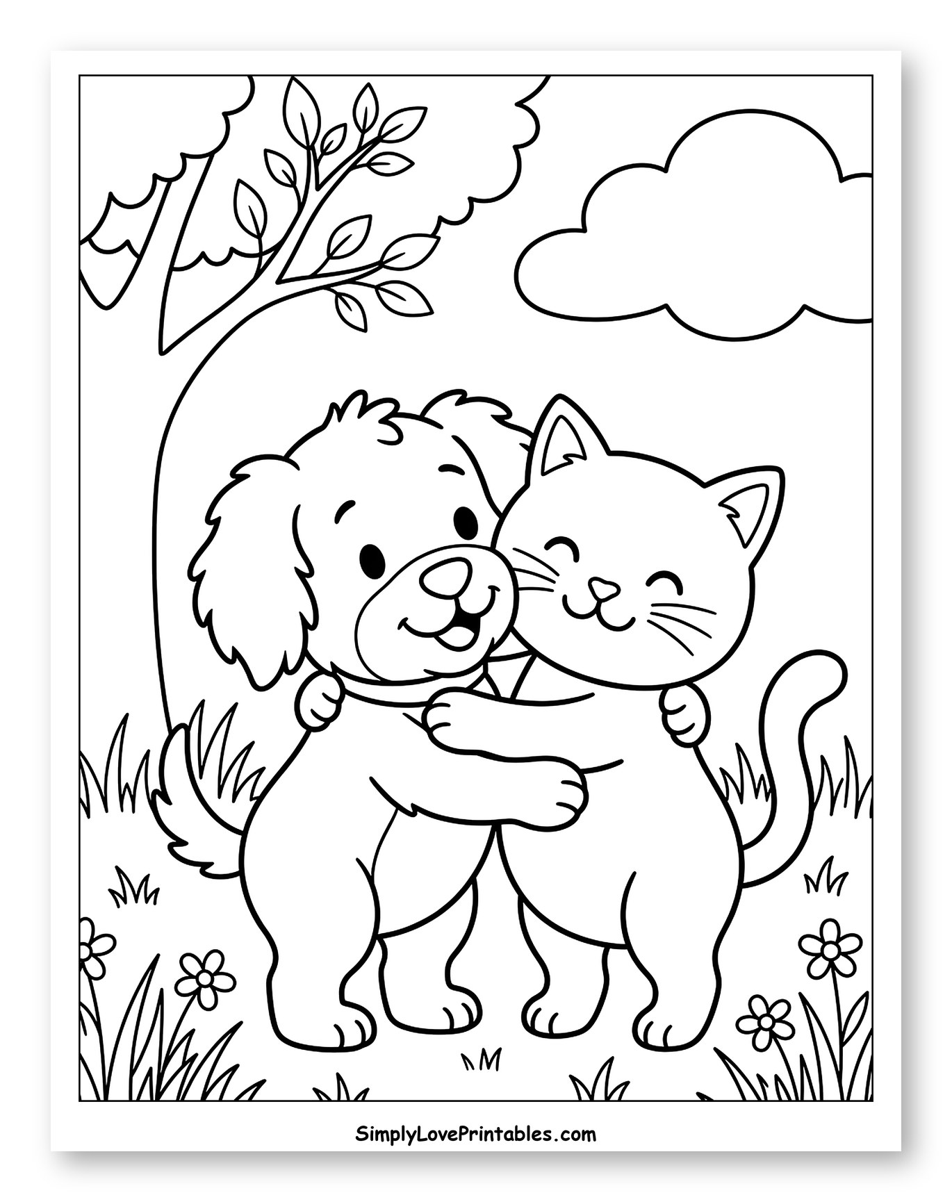 Cute Dog and Cat Hugging Under a Tree