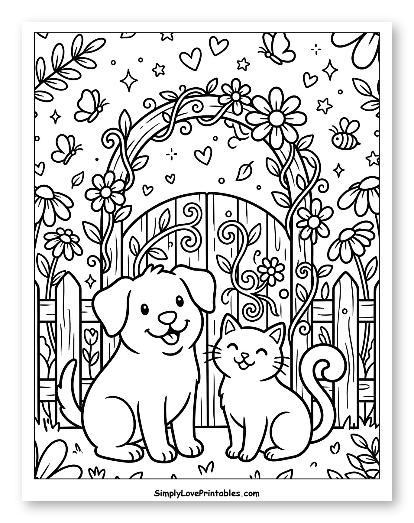 Cute Dog and Cat in a Flowery Garden
