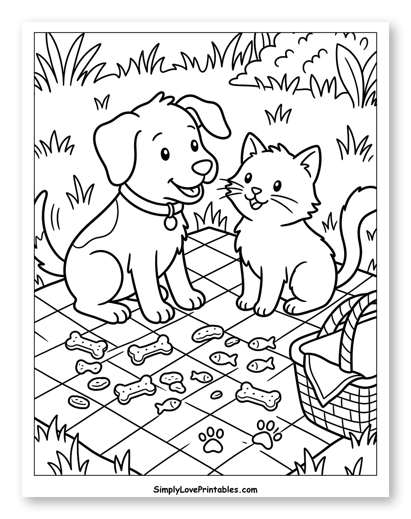 Cute Dog and Cat Picnic with Treats Coloring Sheet for Kids