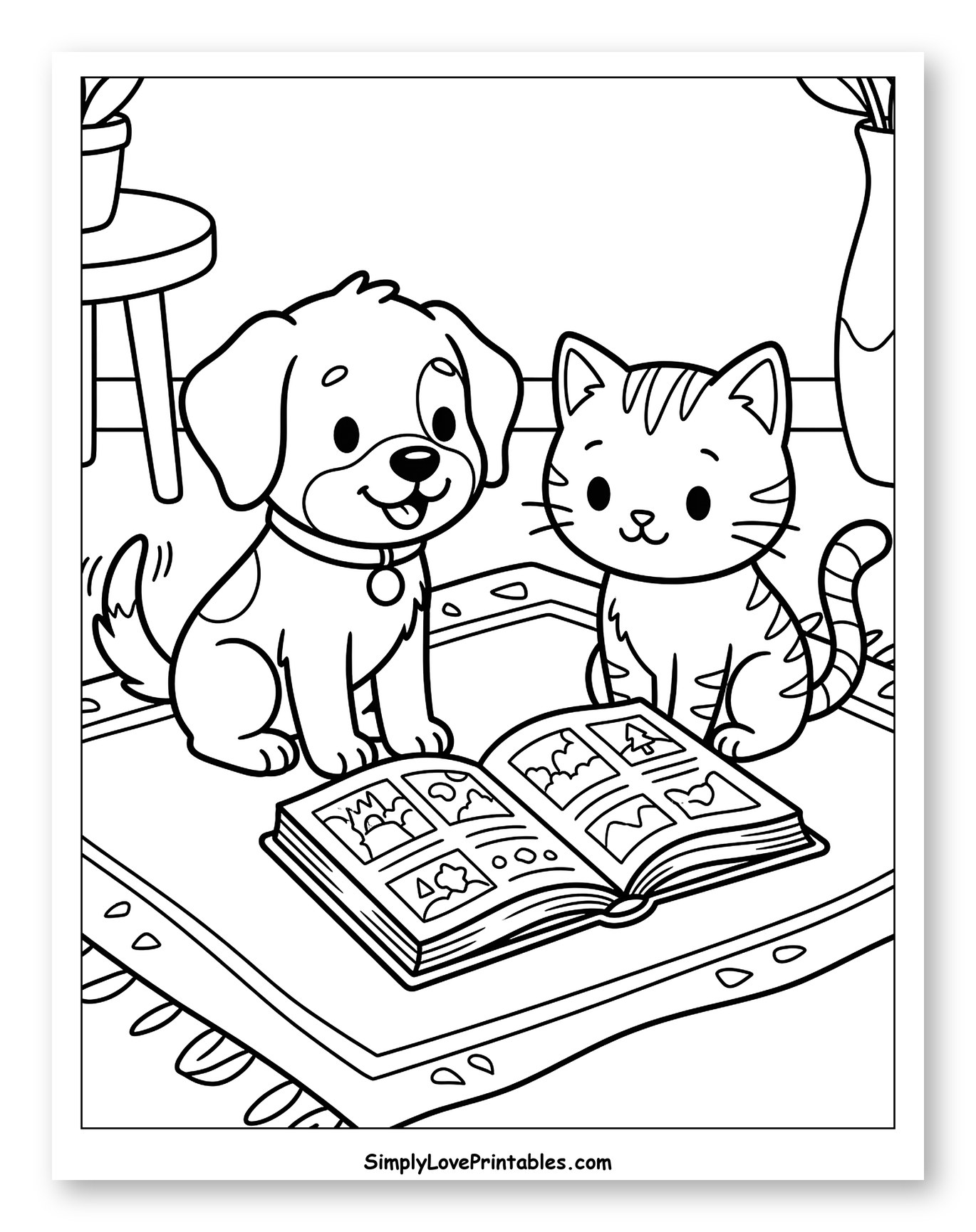 Cute Dog and Cat Reading a Storybook Coloring Page for Kids