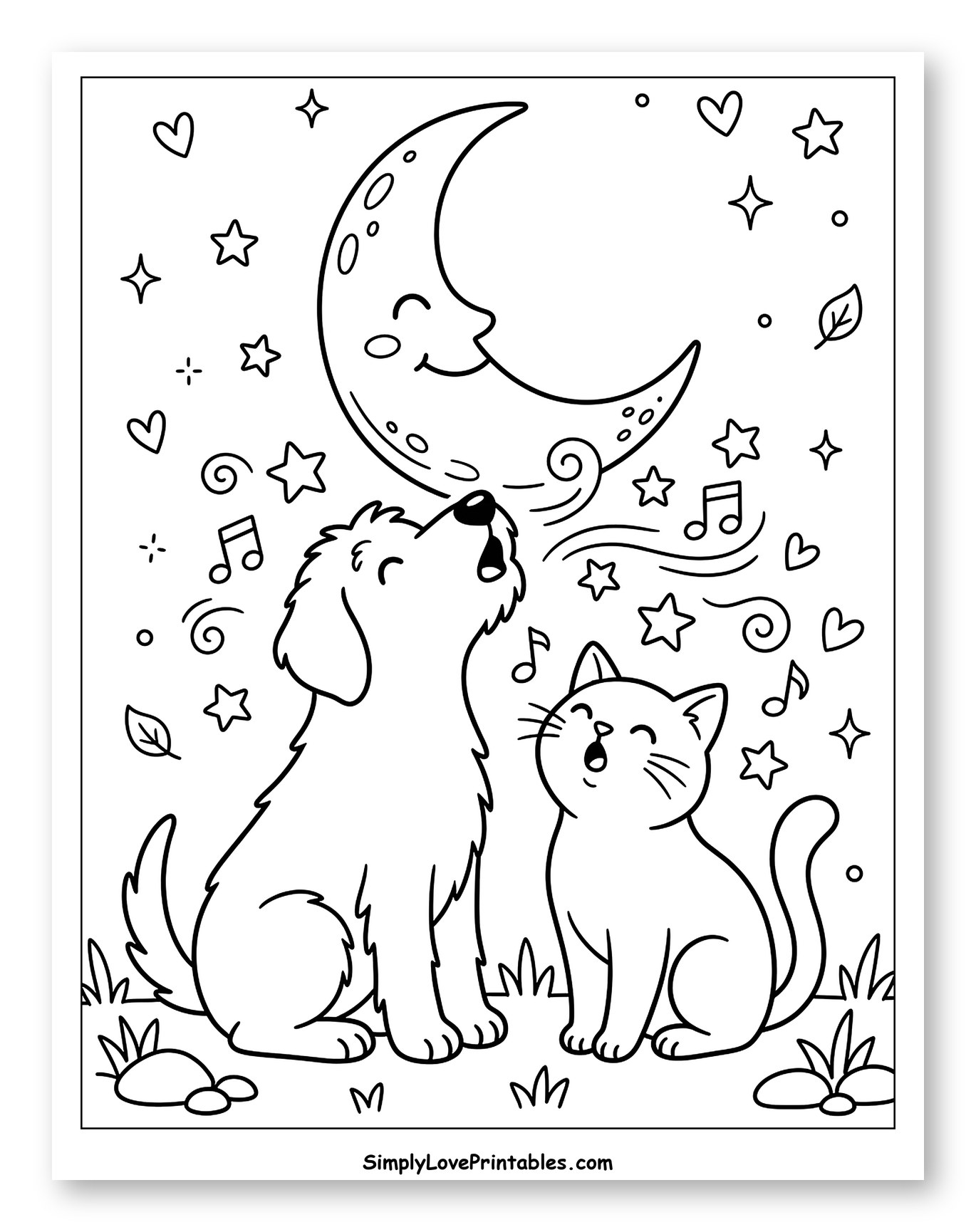 Cute Dog and Cat Singing Under the Moon to Color for Adults