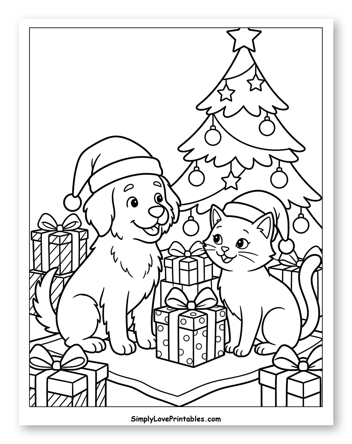 Cute Dog and Cat with Christmas Tree