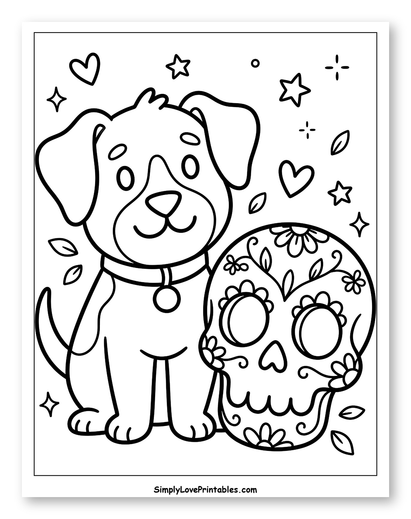 Cute Dog and Floral Sugar Skull Coloring Page for Adults