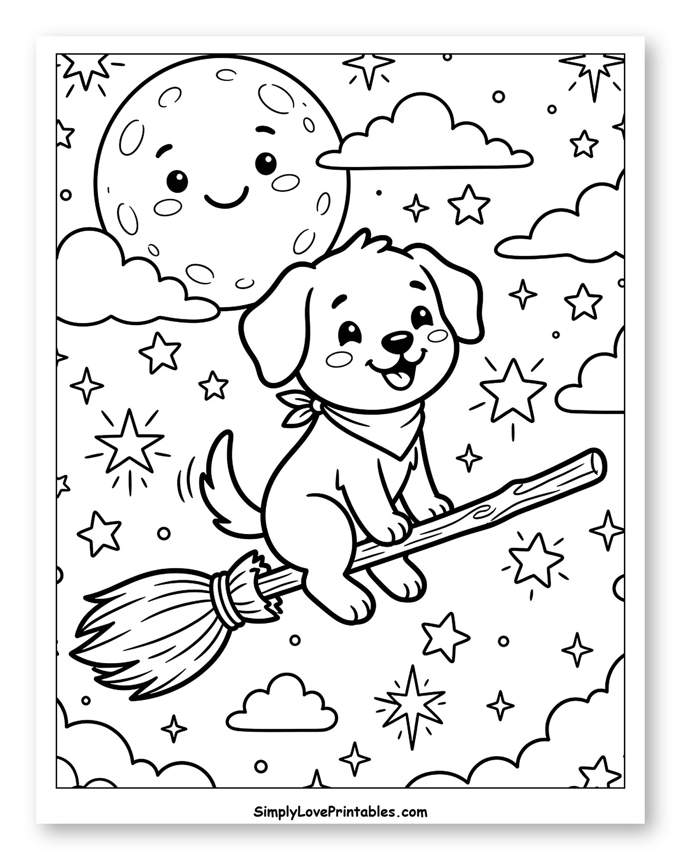 Cute Dog Flying with the Moon Coloring Page for Kids