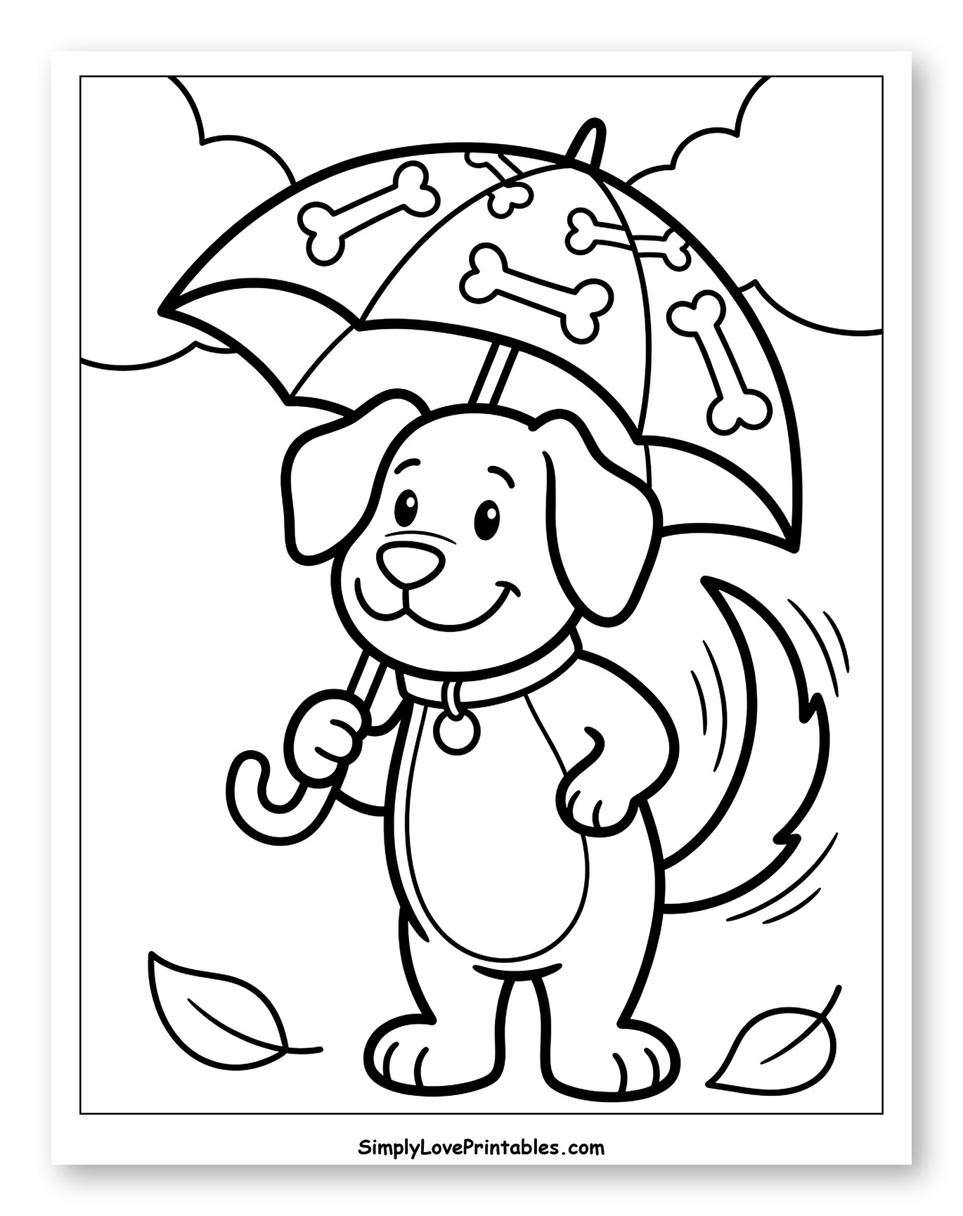 Cute Dog Holding Umbrella with Bone Pattern Coloring Page for Toddlers