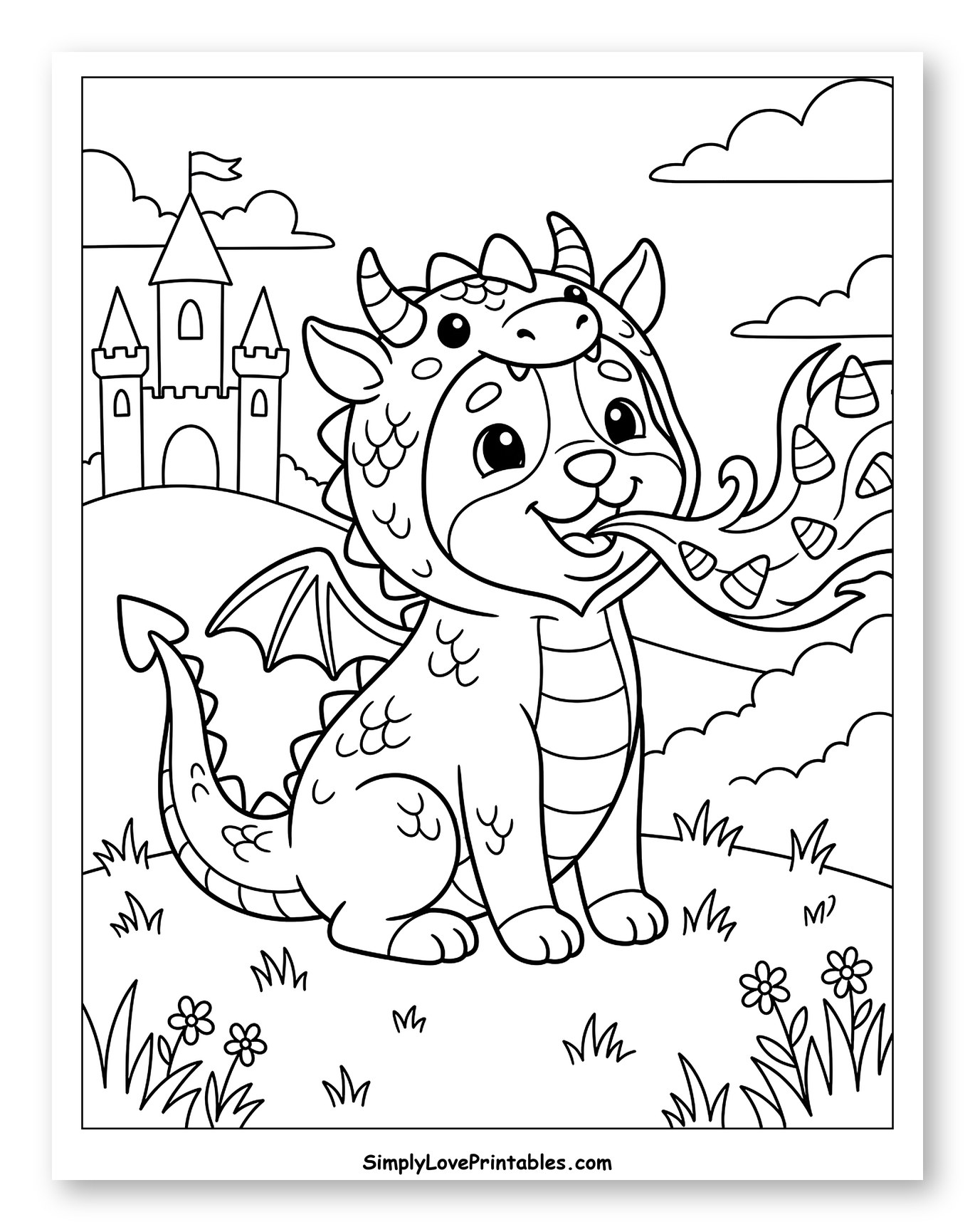 Cute Dog in Dragon Costume Breathing Candy Corn to Color for Kids