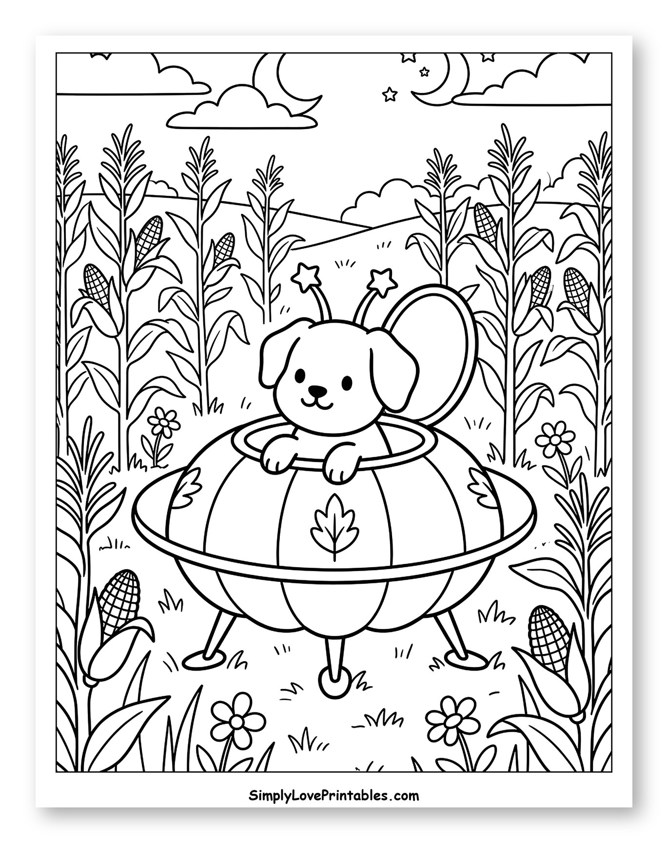 Cute Dog in Pumpkin UFO in Cornfield