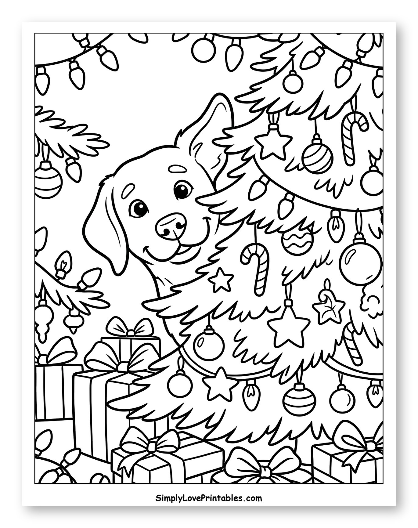 Cute Dog Peeking from Decorated Christmas Tree Coloring Page for Kids