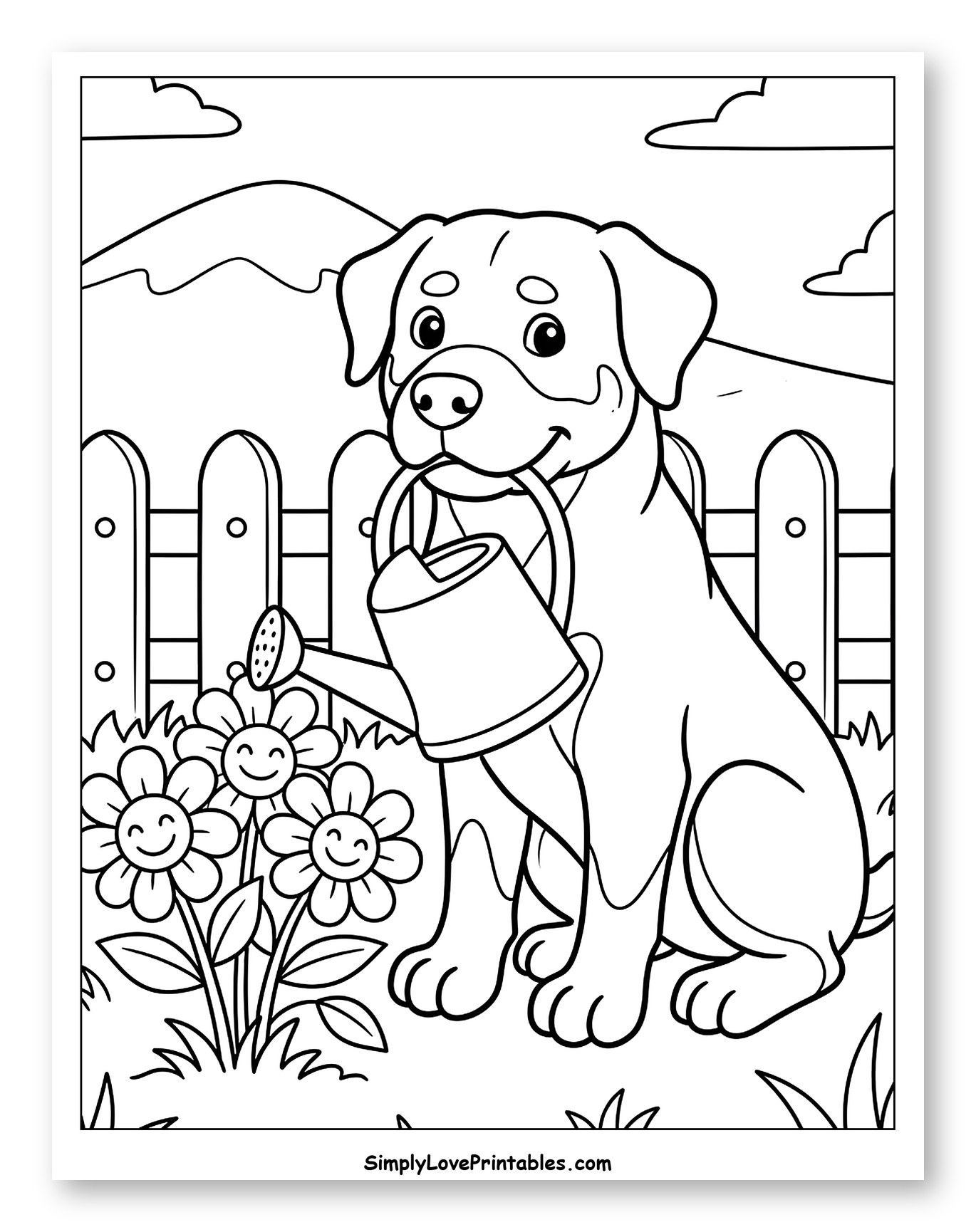 Cute Dog Watering Happy Flowers Coloring Sheet for Kids