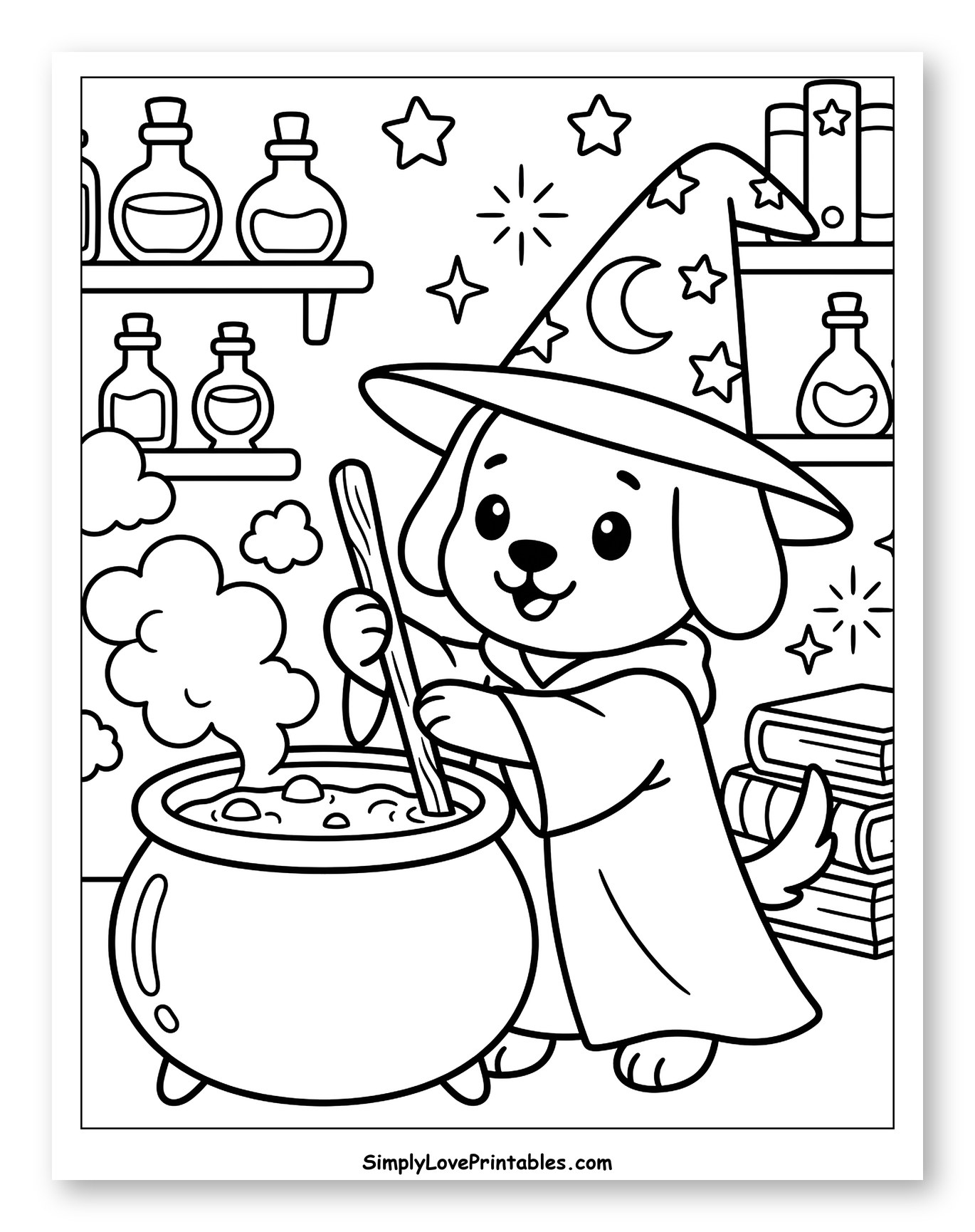 Cute Dog Witch Stirring Cauldron