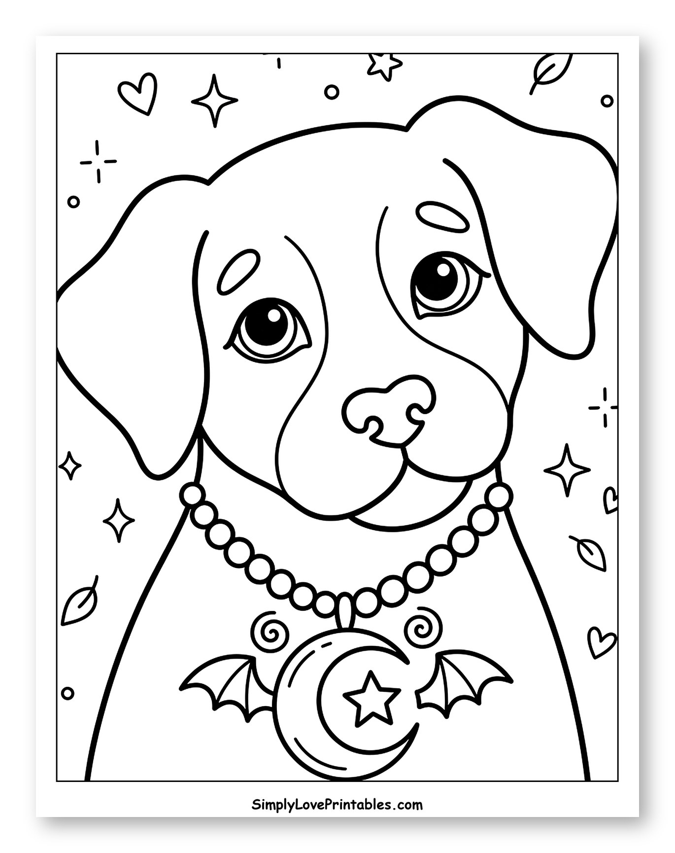 Cute Dog with Moon and Bat Necklace Coloring Sheet for Adults