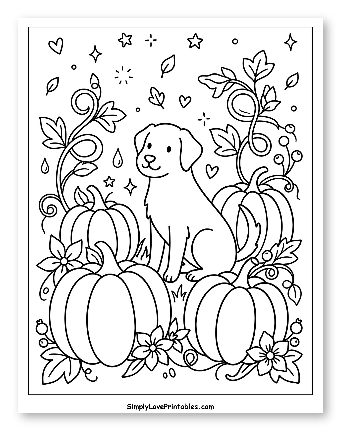 Cute Dog with Pumpkins and Autumn Leaves Coloring Sheet for Adults
