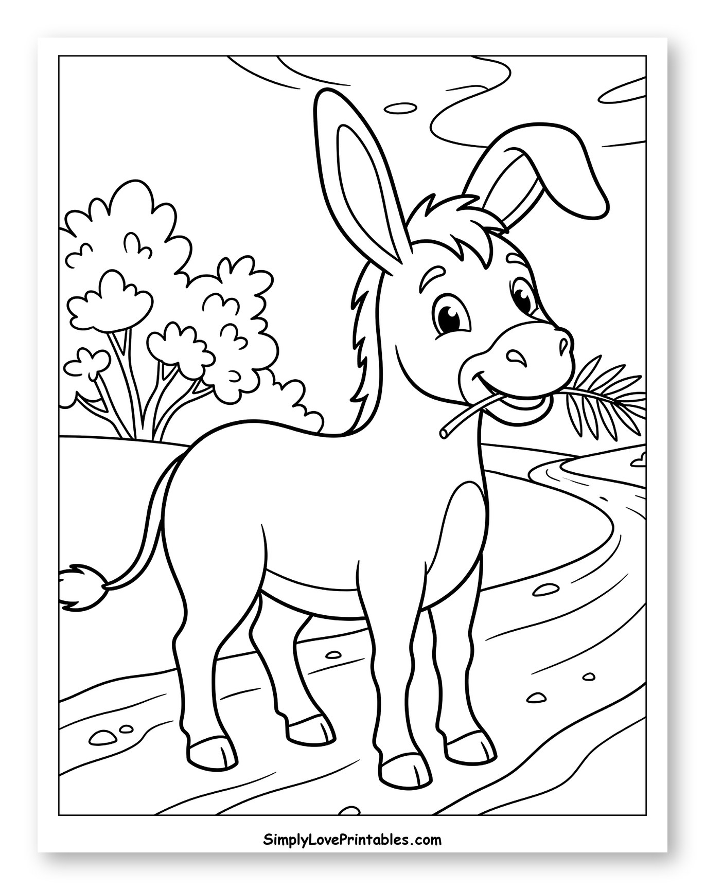 Cute Donkey Holding a Palm Branch Coloring Page for Kids