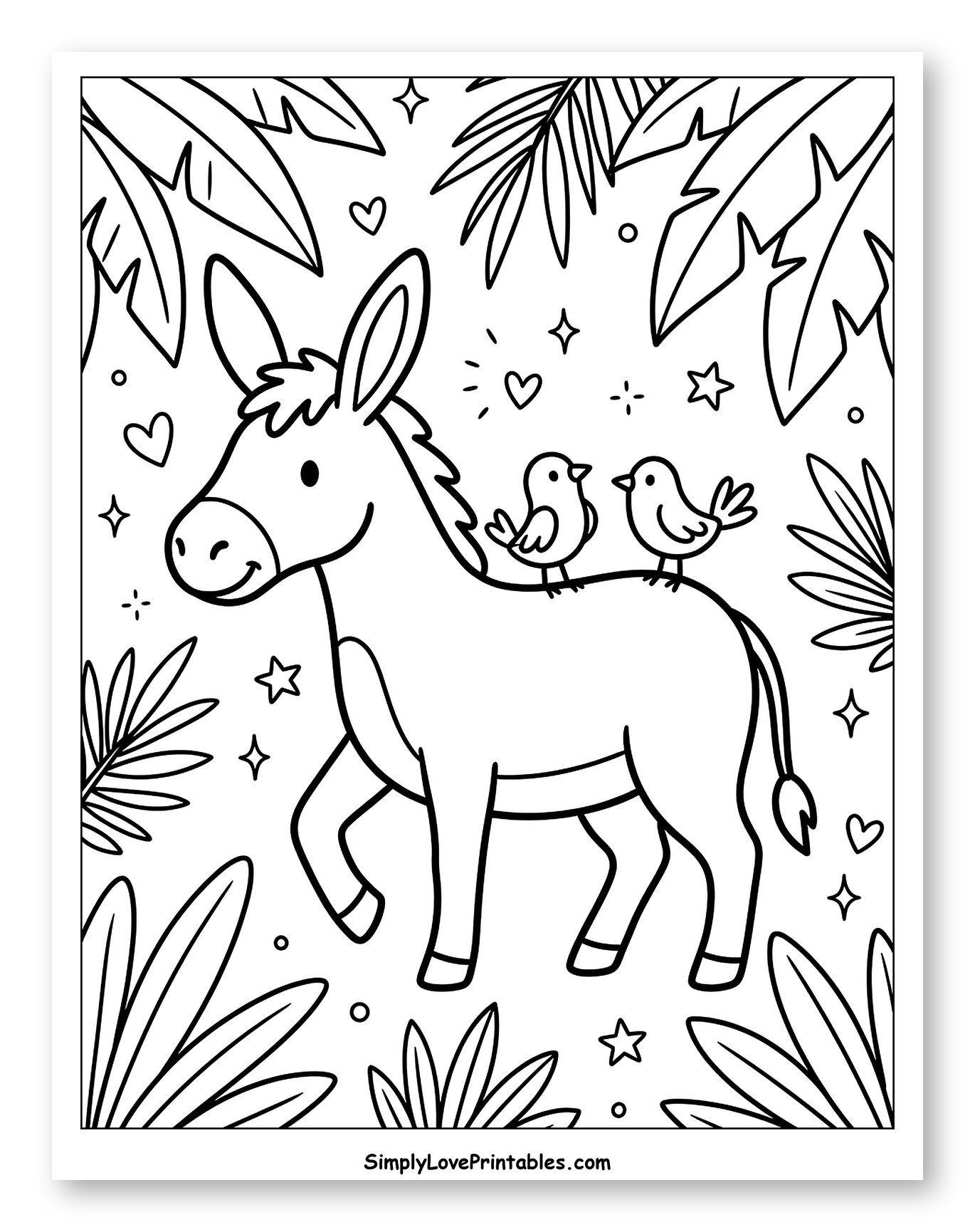 Cute Donkey with Birds Amid Palm Leaves Coloring Page for Adults