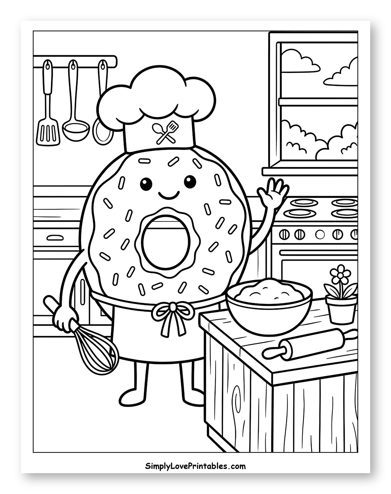 Cute Donut Chef Baking in Kitchen Coloring Sheet for Kids